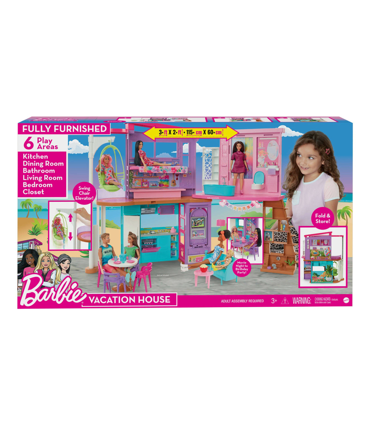 Ein Kind spielt mit einem Barbie-Ferienhaus. Die Box zeigt das Haus und Barbie-Puppen.
