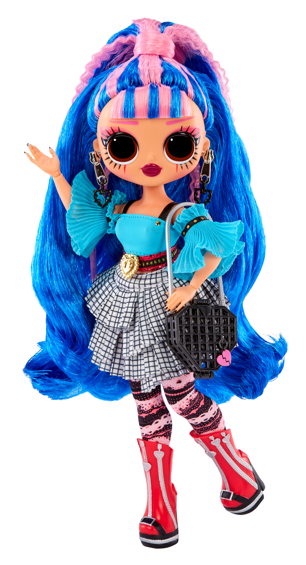 Eine LOL-Puppe mit blau-rosa Haaren, bunten Kleidern und einer Handtasche.