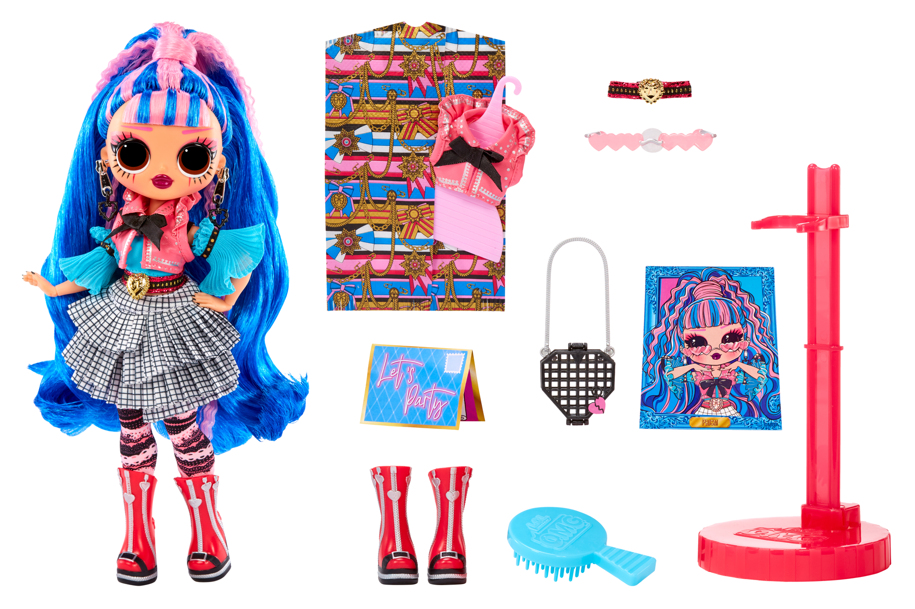 LOL-Puppe mit Zubehör: Kleid, Stiefel, Tasche, Ständer, Haarbürste und andere Artikel auf weißem Hintergrund.