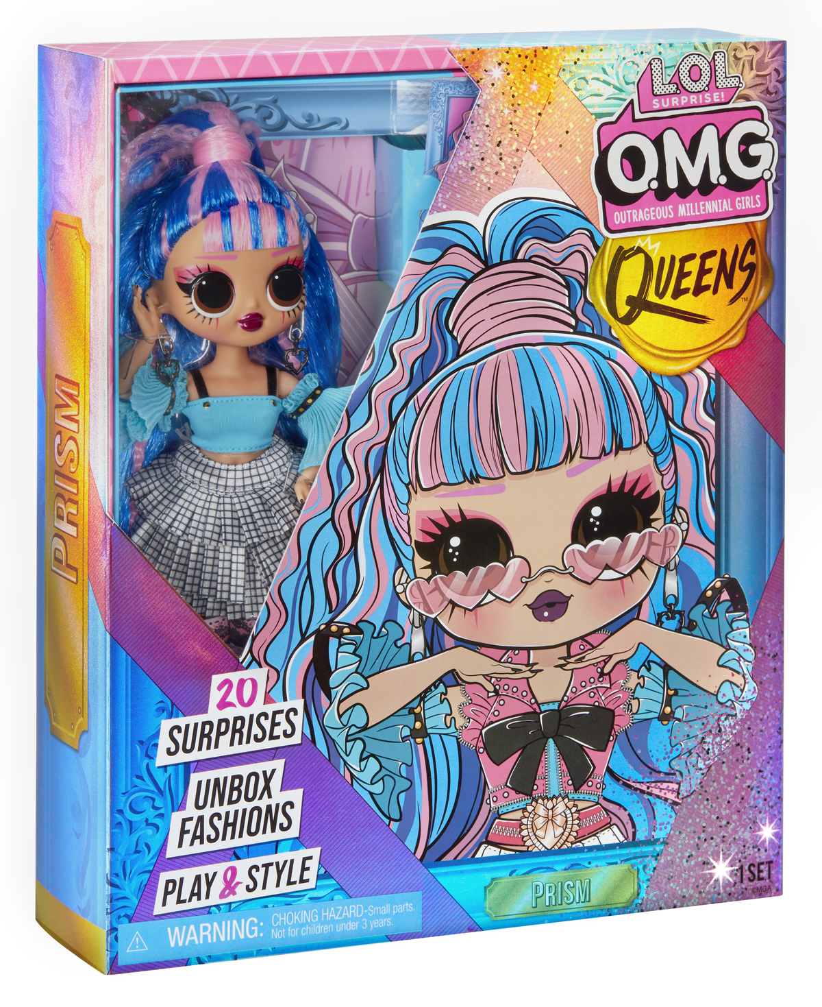 Eine Puppe in einer Box mit bunten Haaren und Outfit. Die Box hat einen Cartoon der Puppe.