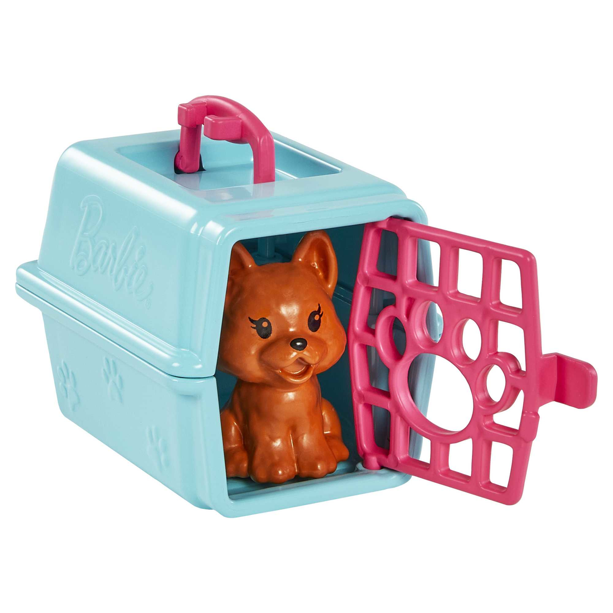 Zabawkowy pies w niebieskim transporterze. Różowy uchwyt i drzwi.