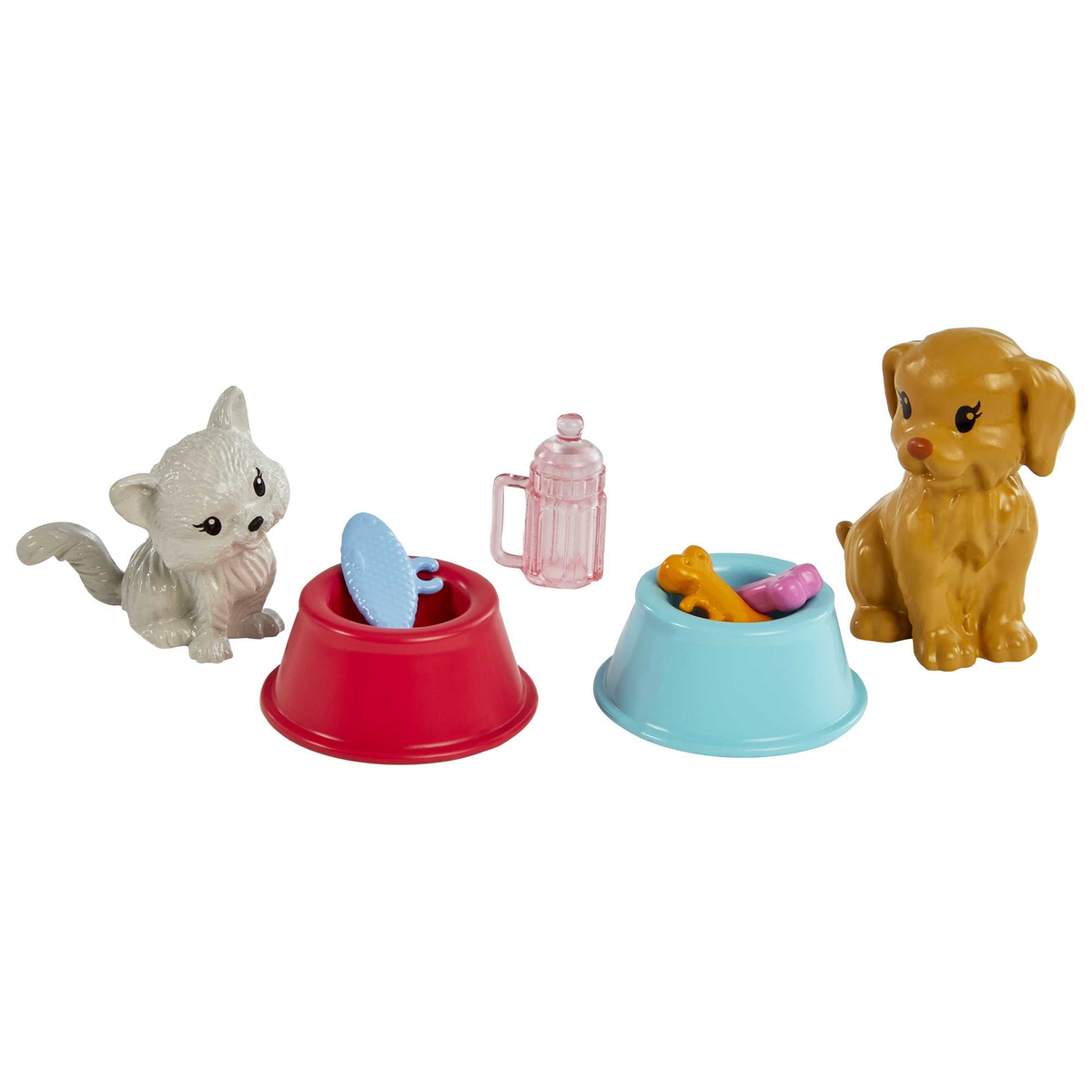 Zestaw zabawek: kociak, szczeniak, miski, butelka na wodę, zabawki. Białe tło.
