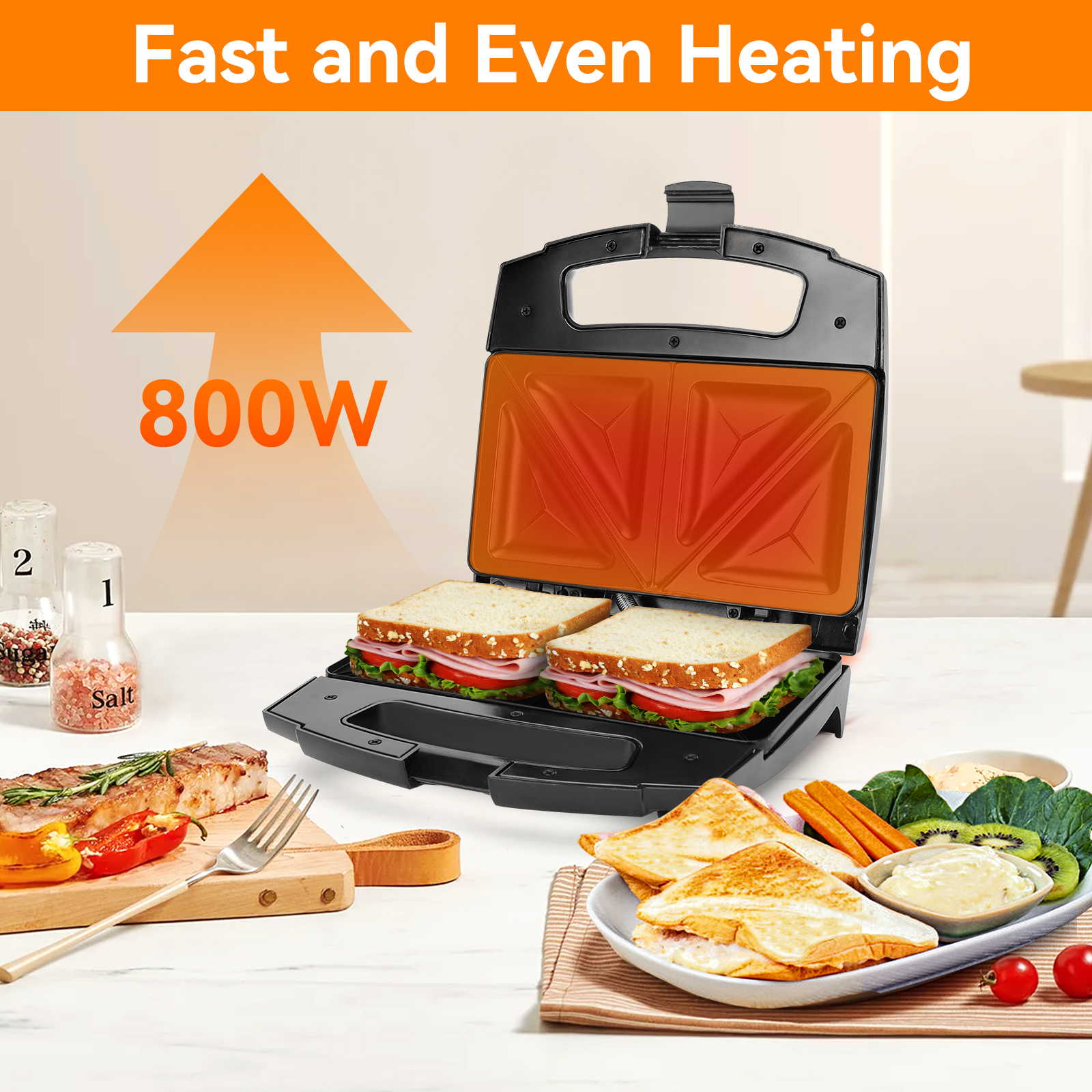 Una tostadora de sándwiches con dos sándwiches dentro. Muestra 800W de potencia con otros alimentos alrededor.