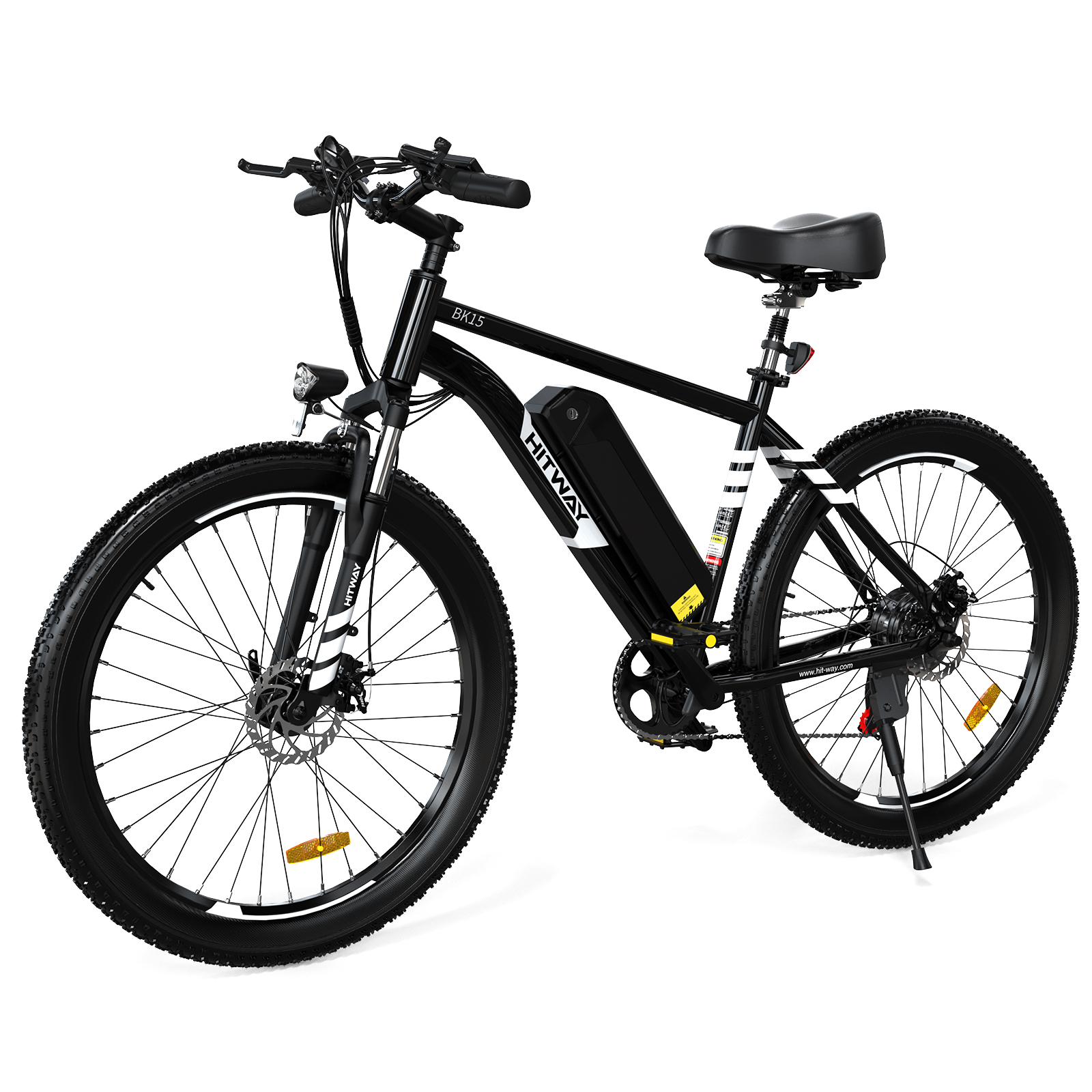 Schwarzes und weißes Elektrofahrrad, HITWAY-Logo auf dem Rahmen, mit großen Reifen, auf weißem Hintergrund.