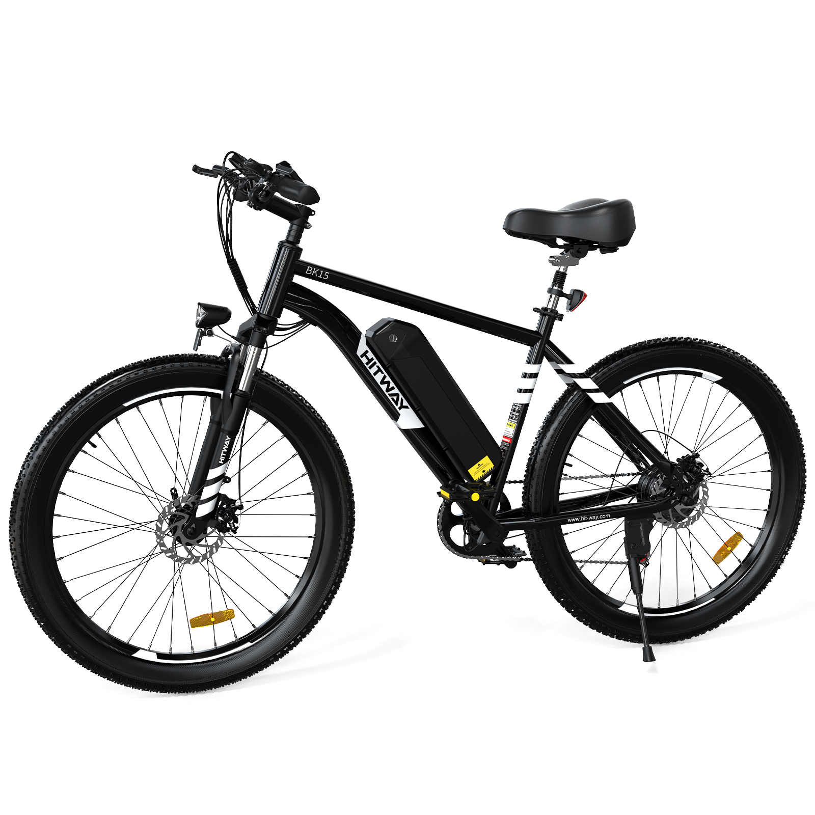 Schwarzes Elektrofahrrad mit weißen Streifen, schwarzen Reifen und einem Akku.