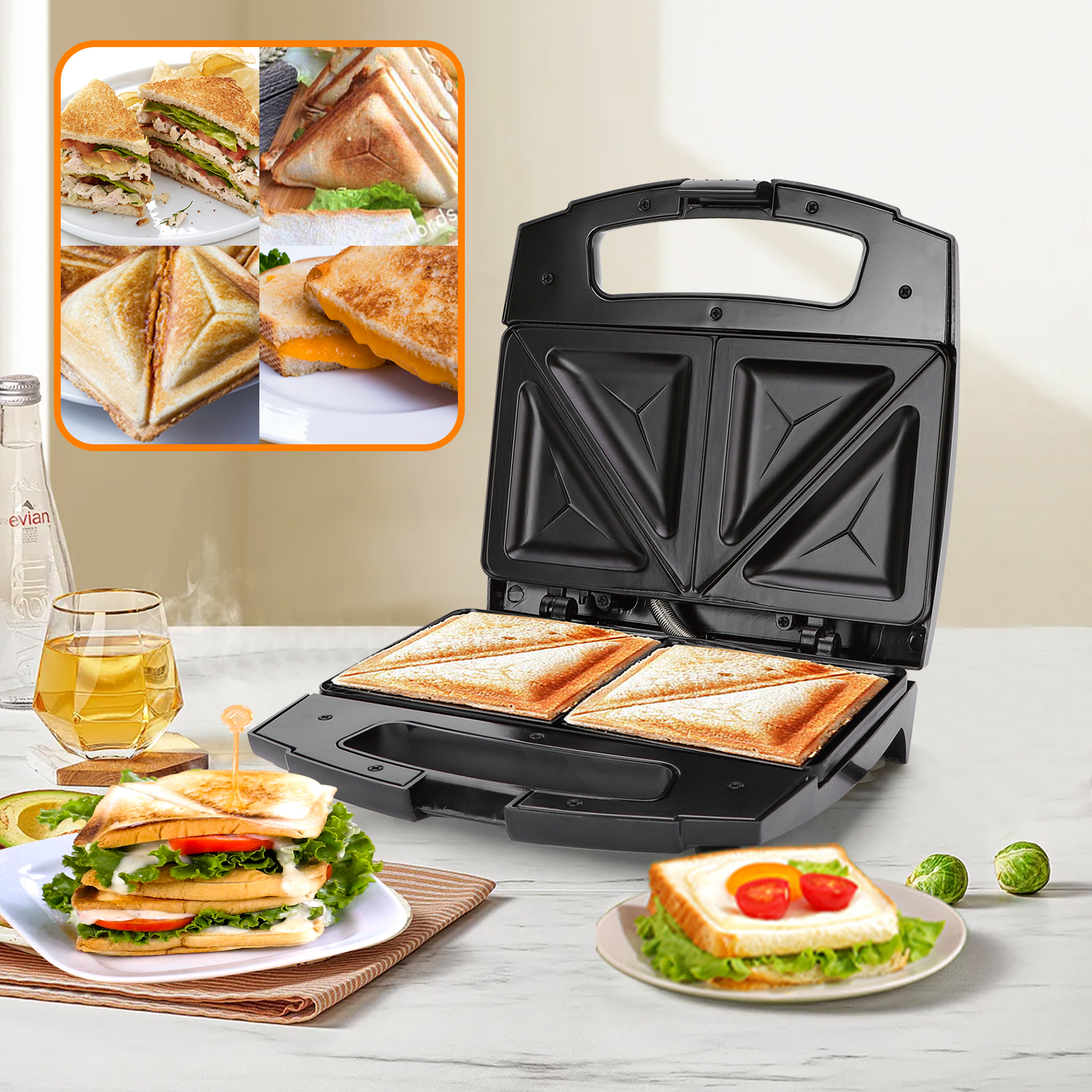 Una sandwichera negra abierta, con sándwiches dentro y ejemplos arriba. Varios ingredientes.