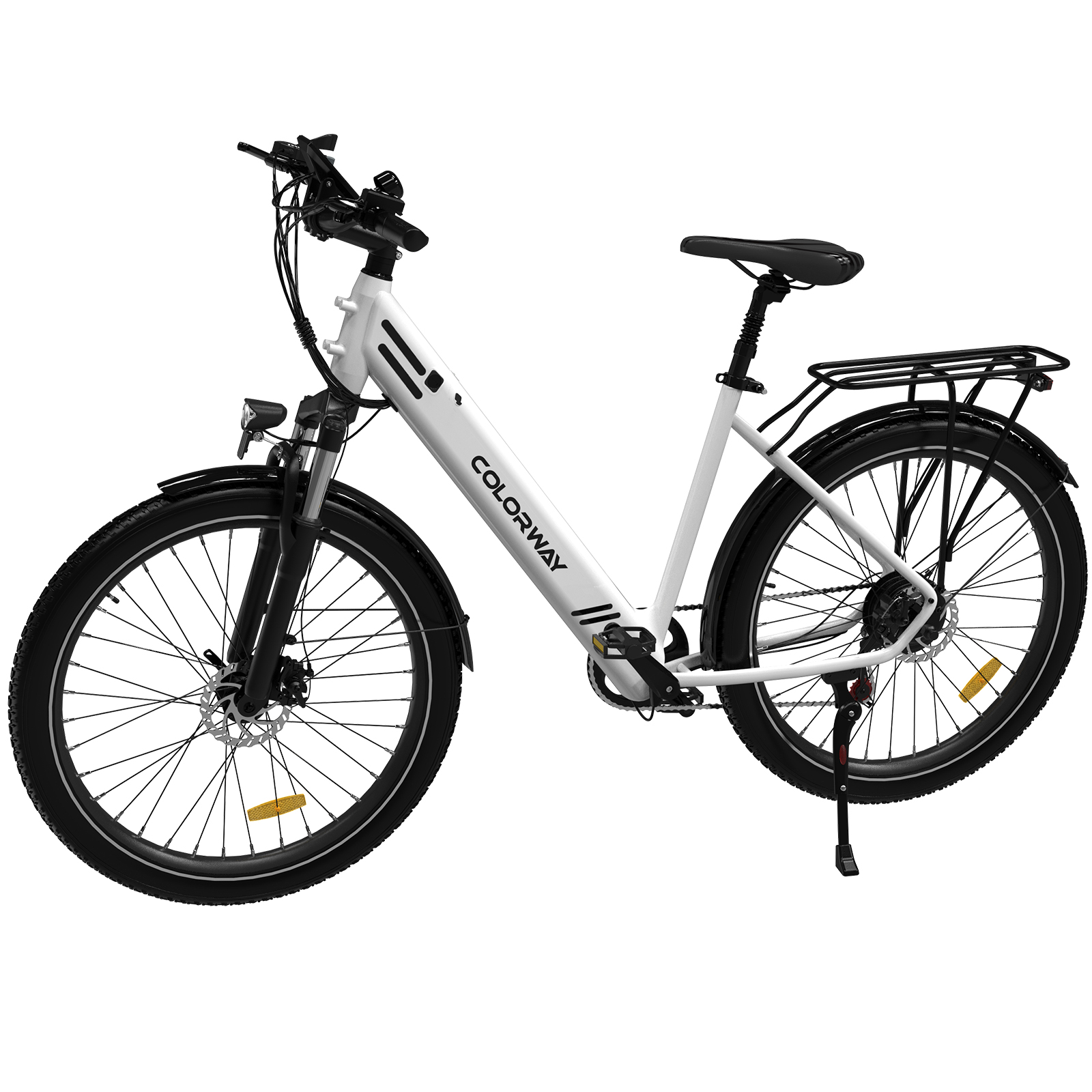 Weißes und schwarzes Elektrofahrrad. Es hat einen Korb und einen Ständer. Der Hintergrund ist weiß.