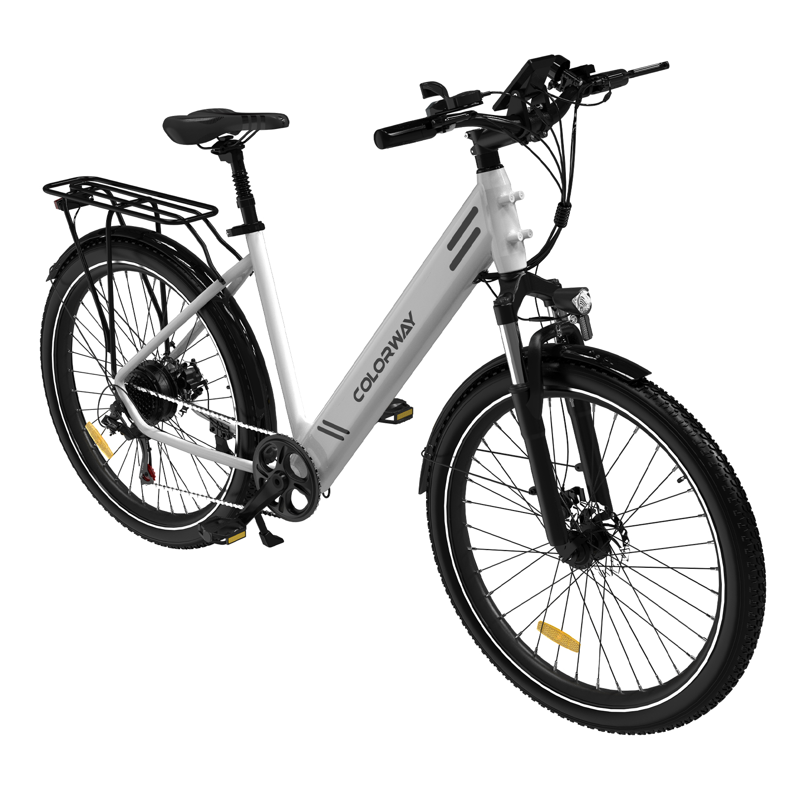 Graues Elektrofahrrad mit schwarzen Reifen und Komponenten, Studioaufnahme.