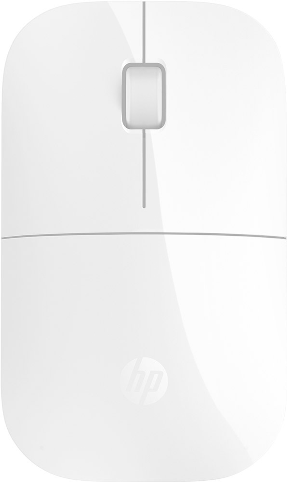 Biała mysz HP. Widok z góry. Widoczna rolka i przyciski.