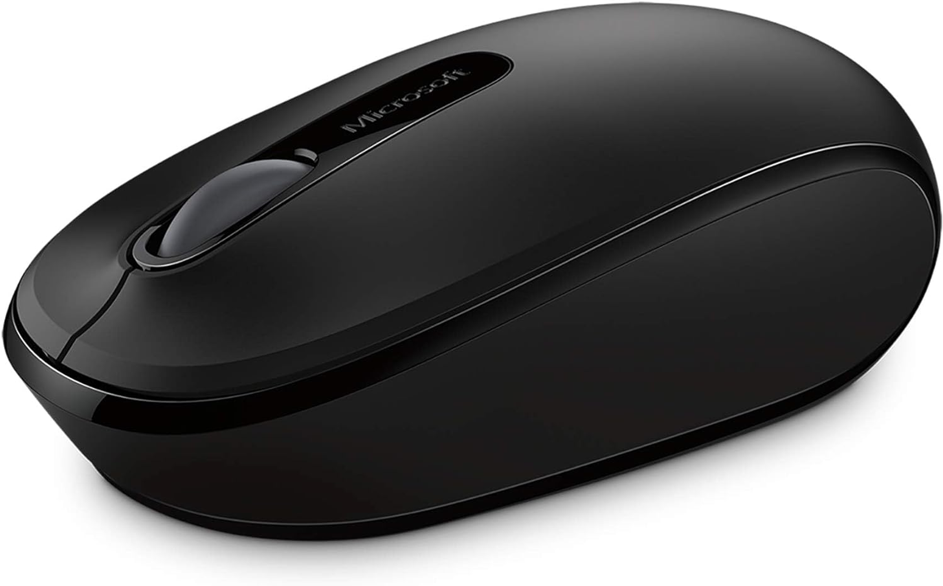 Schwarze Microsoft-Maus. Winkelansicht. Scrollrad in der Mitte.