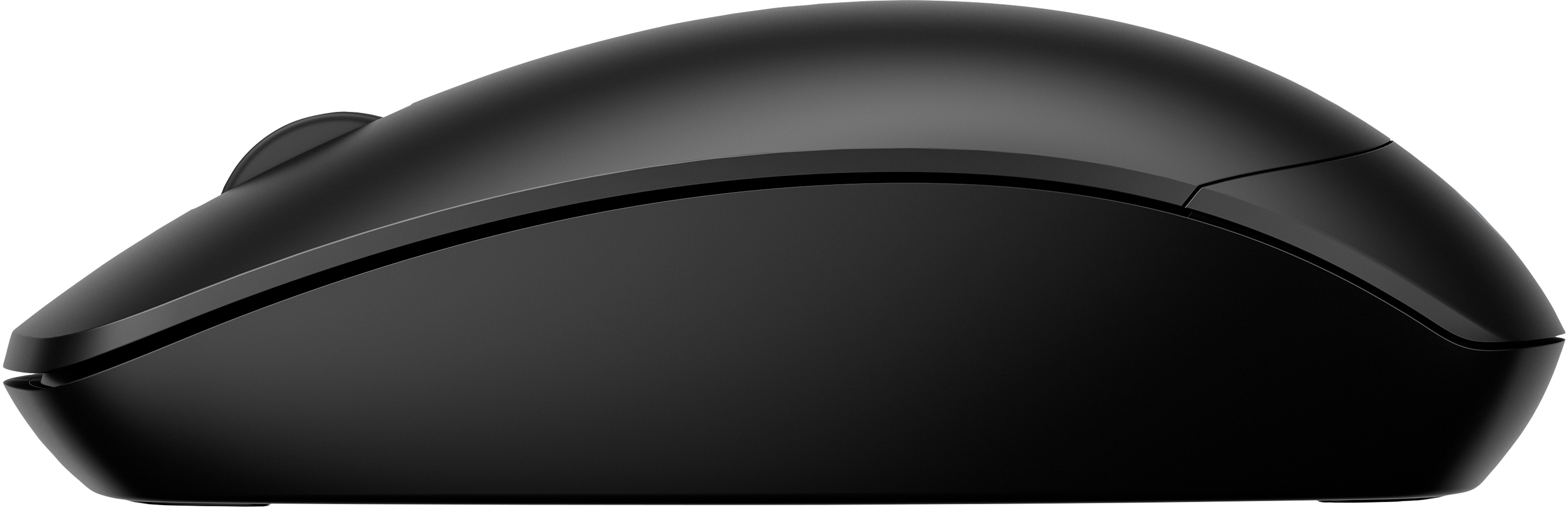 Souris d'ordinateur noire sur fond blanc. La souris a un design élégant et incurvé.