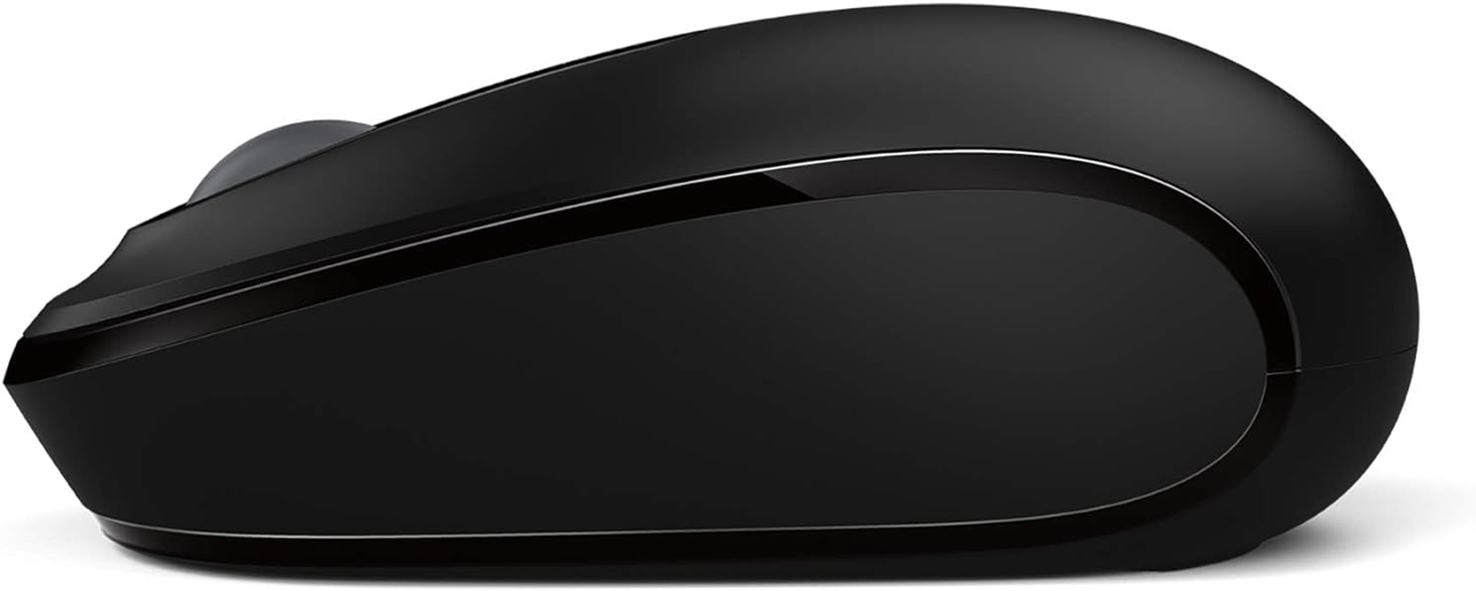 Eine schwarze, kabellose Computermaus mit geschwungenem Design, Seitenansicht und silberner Zierleiste.