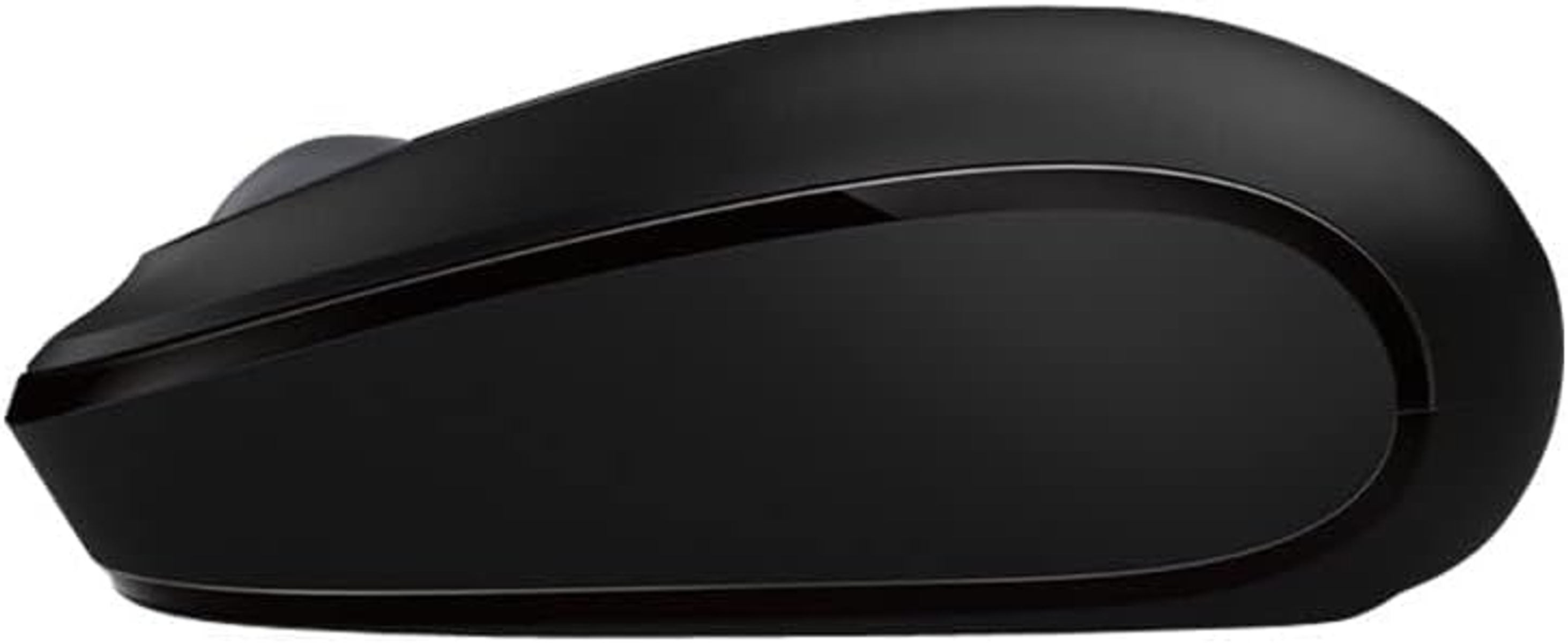 Eine schwarze Maus mit geschwungenem Design. Sie hat eine silberne Linie. Weißer Hintergrund.