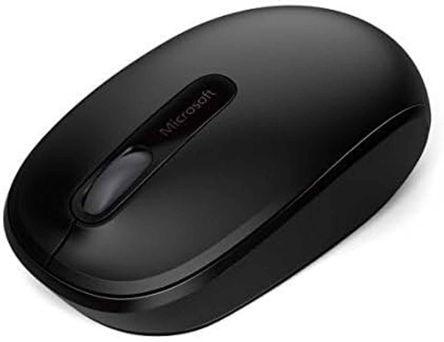 Schwarze Microsoft-Maus mit Scrollrad und Microsoft-Logo. Sie hat eine ovale Form.