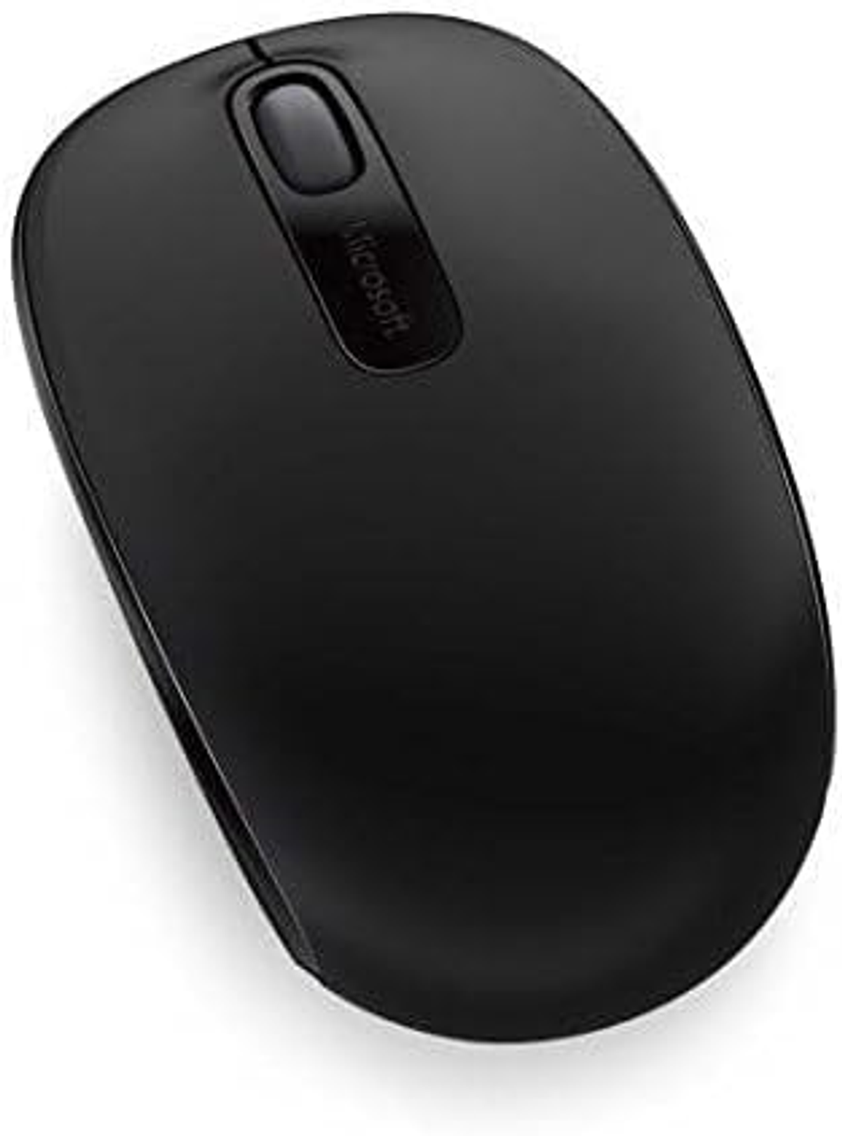 Eine schwarze Microsoft-Computermaus mit einem Scrollrad und dem Microsoft-Logo.