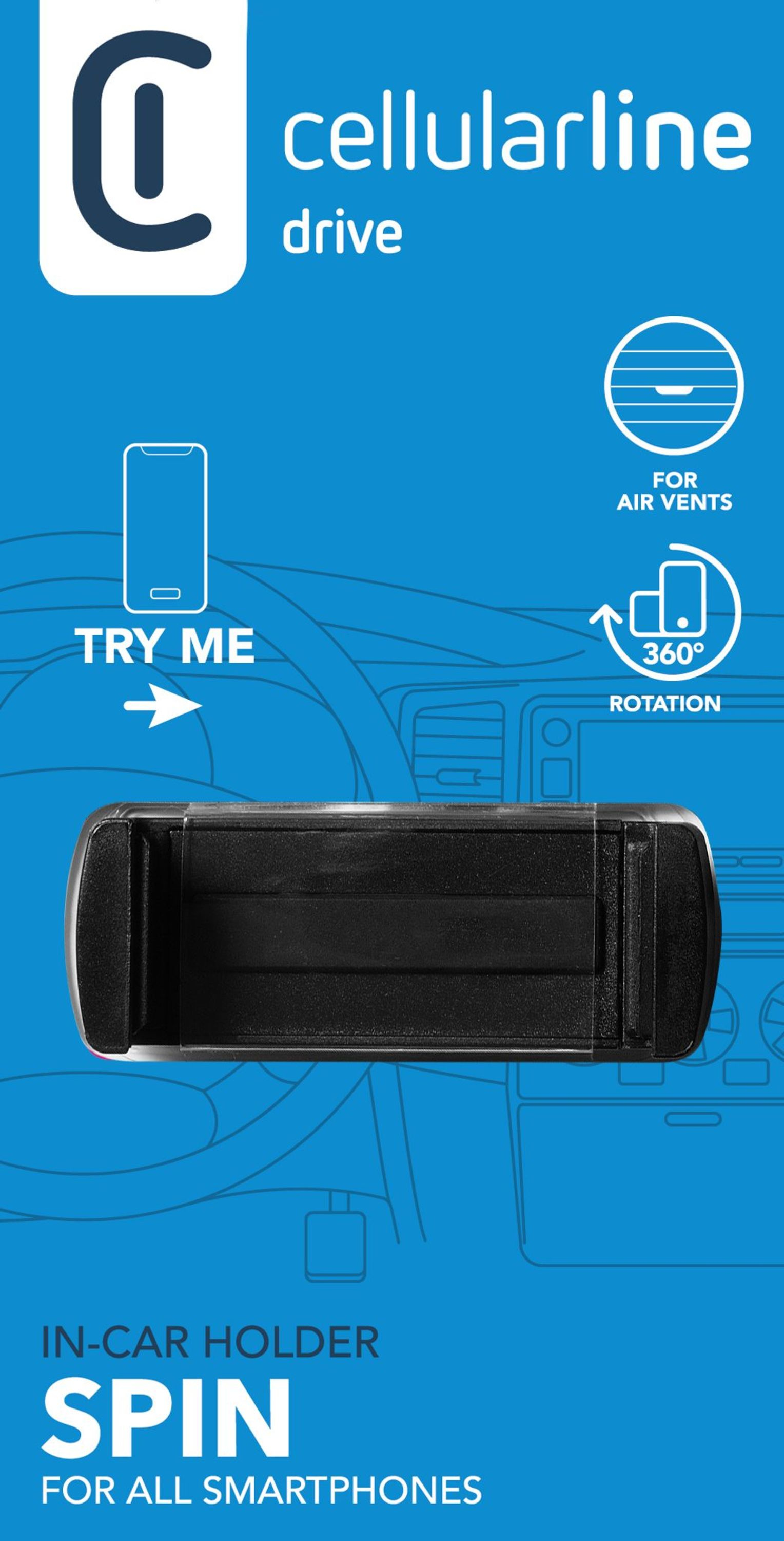 Supporto per telefono nero in auto, con sfondo blu e informazioni sul prodotto.