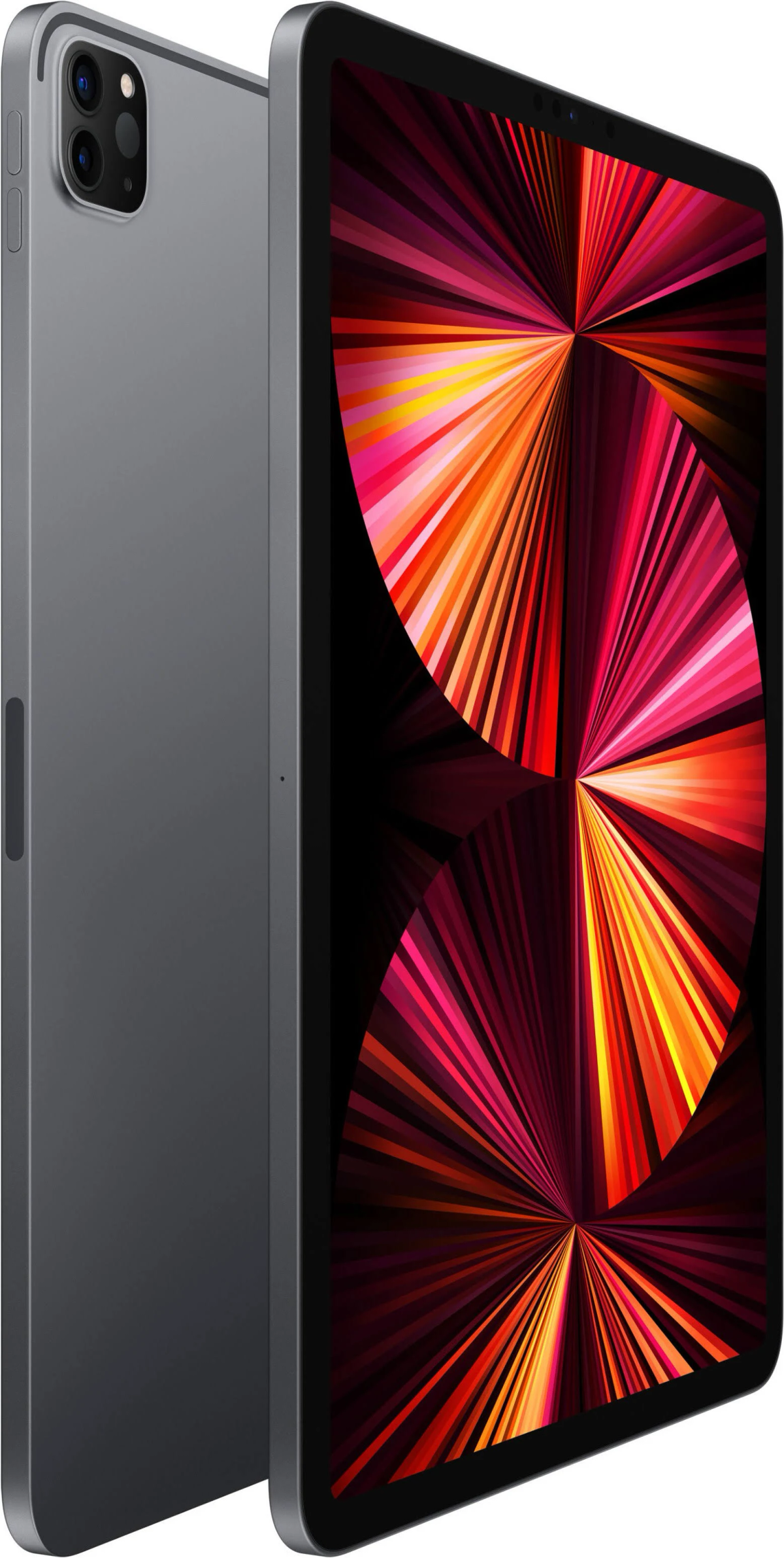 Ein dunkelgraues Tablet mit großem, farbenfrohem Bildschirm, das sich an der Rückseite anlehnt.