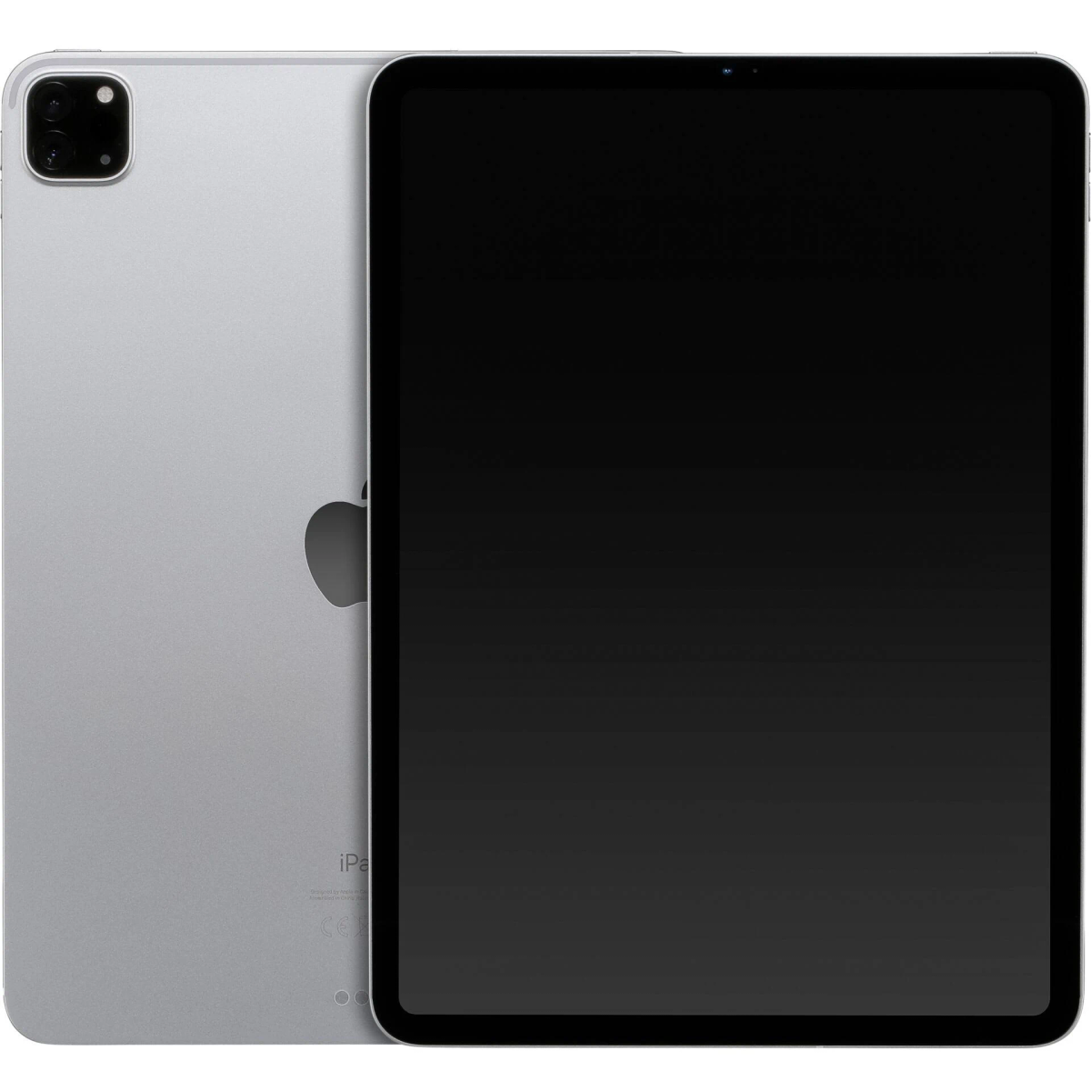 Silbernes iPad, Vorderansicht, mit schwarzem Bildschirm. Rückseite zeigt Kamera und Apple-Logo.