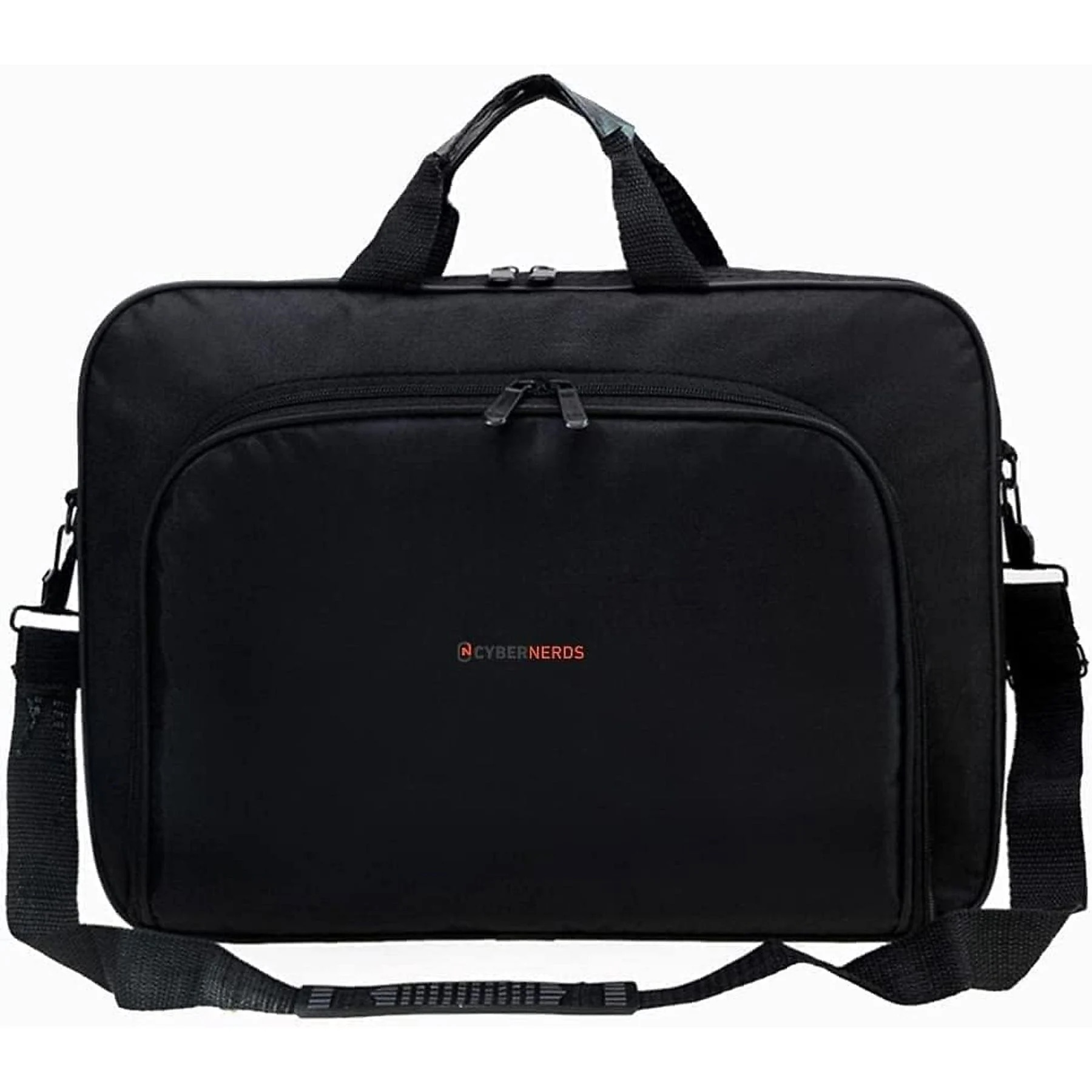 Eine schwarze Laptoptasche mit Reißverschluss und Griffen sowie einem Gurt. Das Logo 'CYBERNERDS' ist sichtbar.