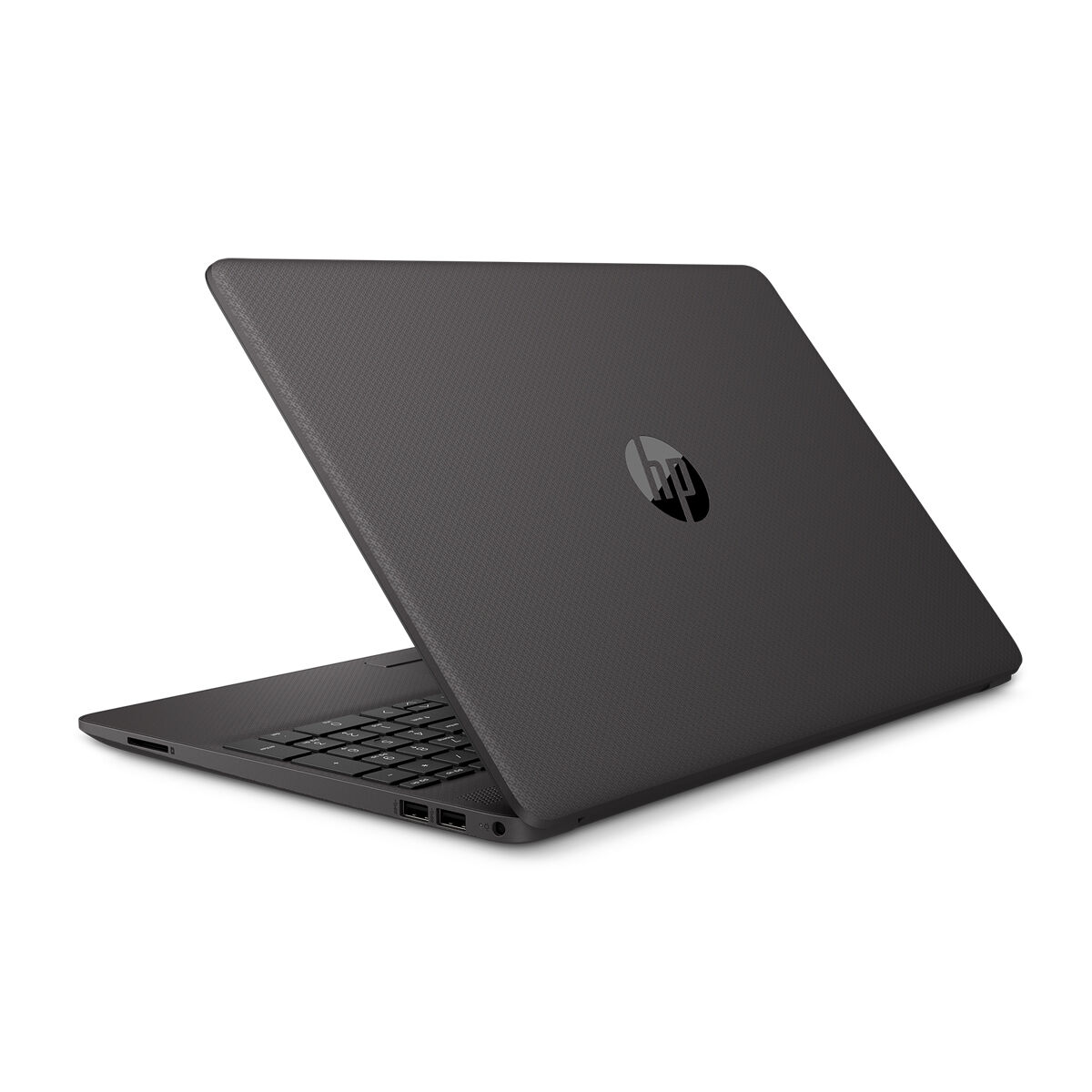 Ein schwarzer Laptop mit HP-Logo auf dem Deckel, leicht angewinkelt.