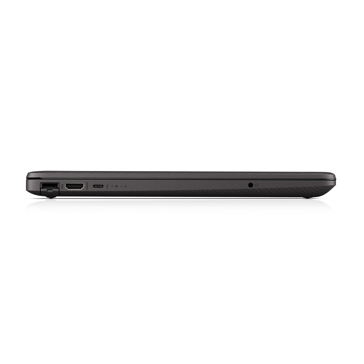 Seitenansicht eines schwarzen Laptops mit Anschlüssen und strukturierter Oberfläche.