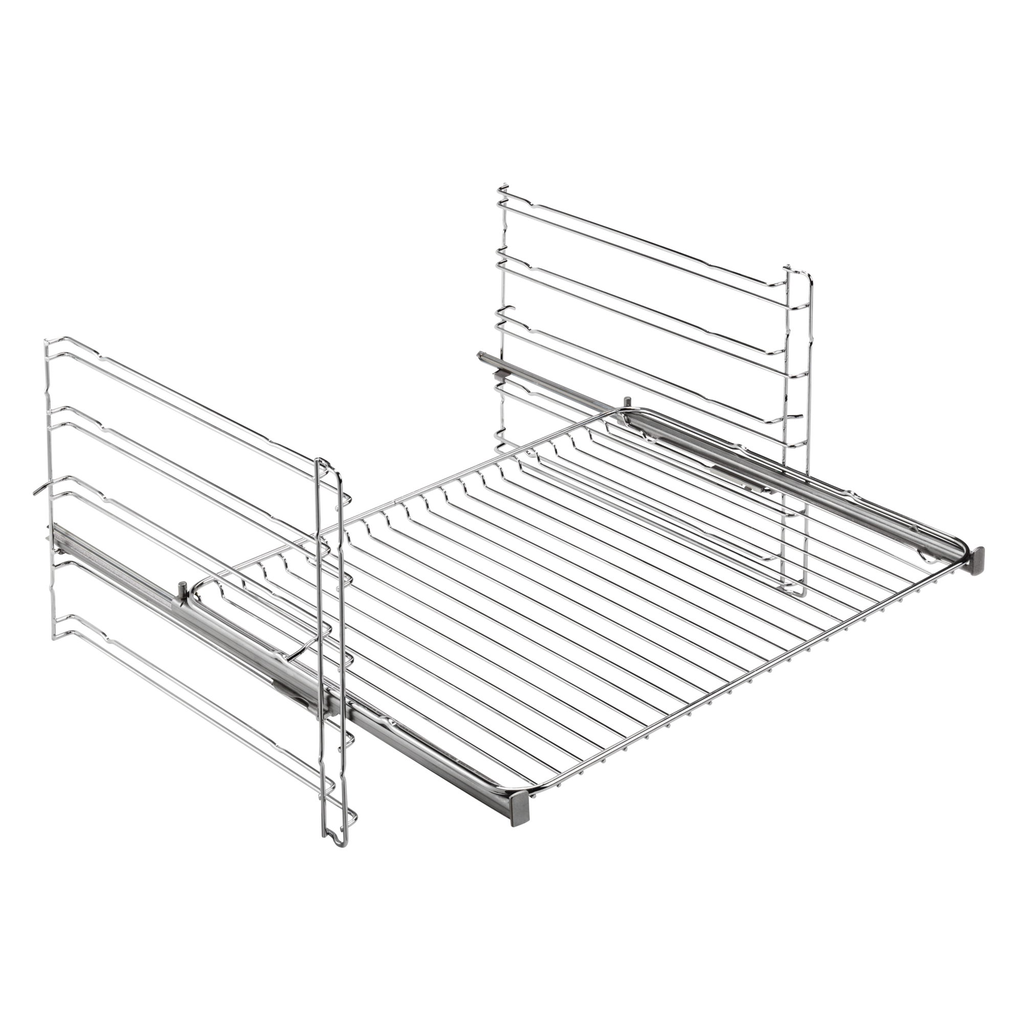 Estante de almacenamiento de estructura de alambre con base rectangular y soportes laterales.