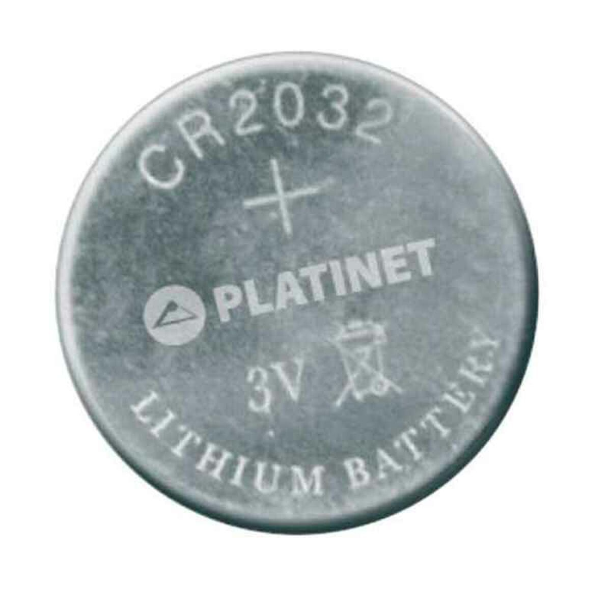 Batteria al litio CR2032 argentata. Ha del testo stampato sopra.