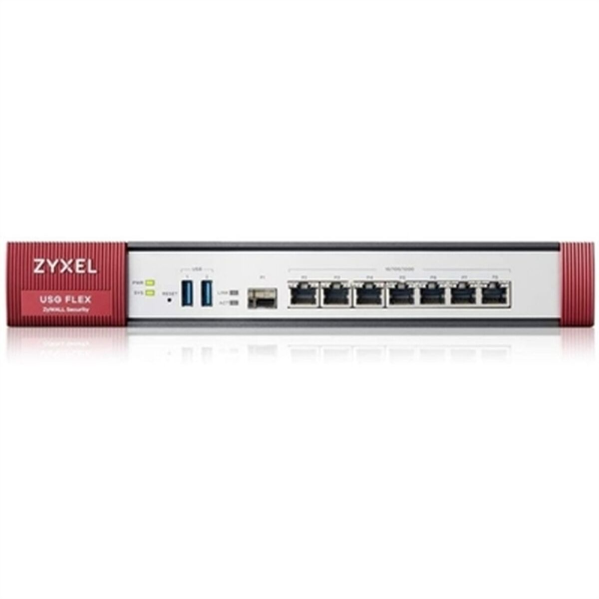 Ein Zyxel USG FLEX Firewall-Gerät. Es hat eine rote Front und eine Reihe von Anschlüssen.