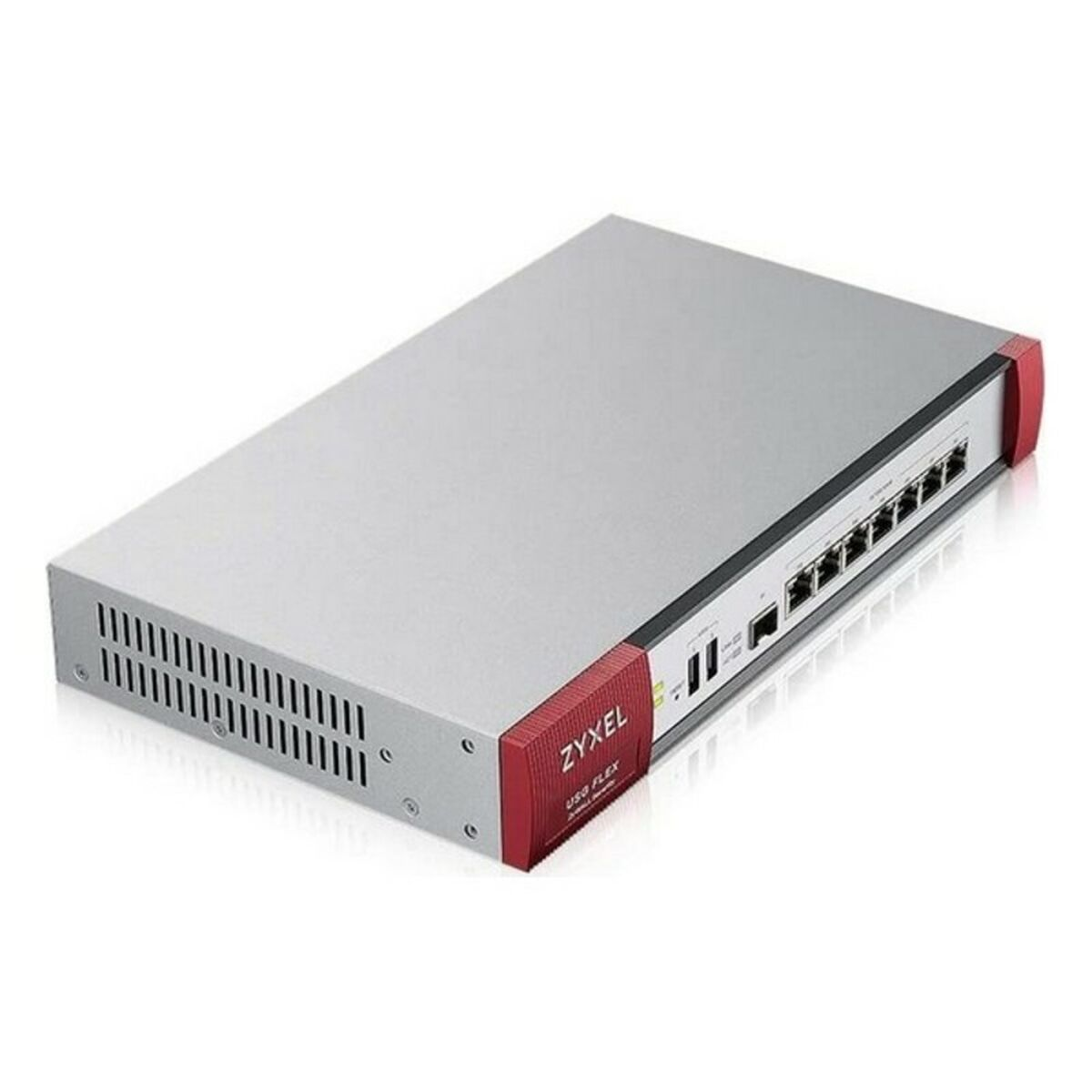 Ein silbernes und rotes Zyxel USG FLEX-Router mit einem Port-Panel.