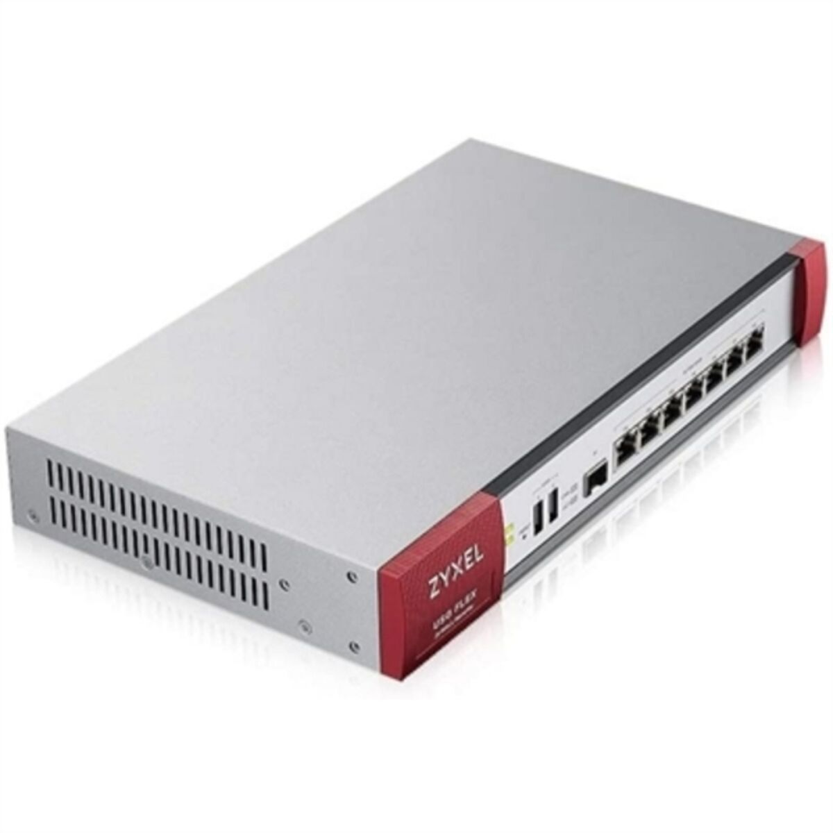 Ein silberner Zyxel-Router mit roten Akzenten. Die Vorderseite hat Belüftungslöcher. Die Rückseite hat mehrere Anschlüsse.