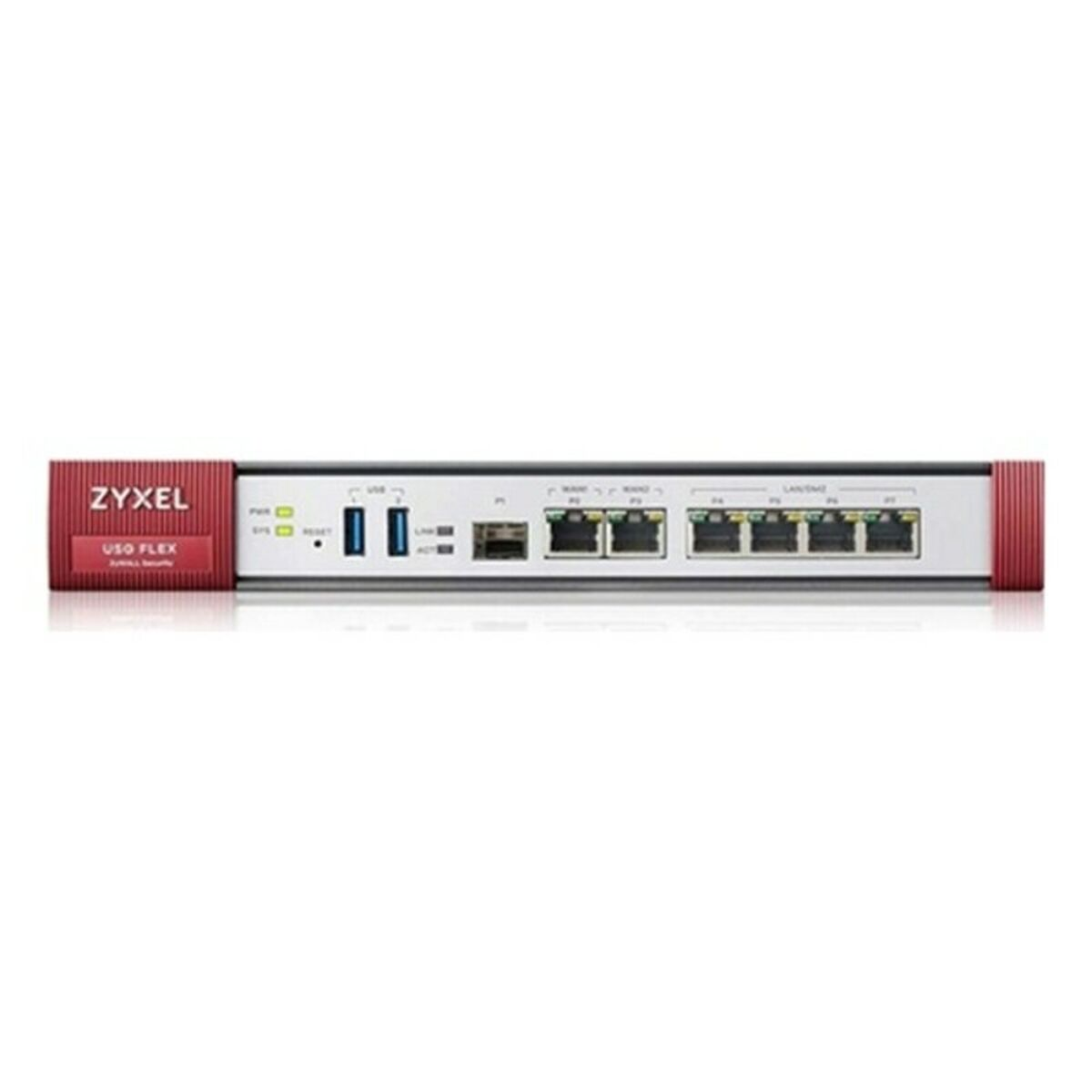 Ein Zyxel USG FLEX Router. Er ist rot und grau mit Anschlüssen und Lichtern.