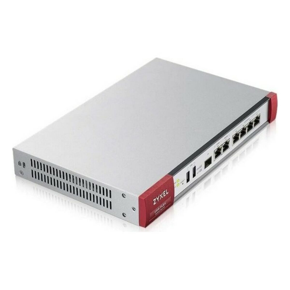 Silbernes und rotes ZyXEL-Netzwerkgerät mit mehreren Anschlüssen auf weißem Hintergrund.