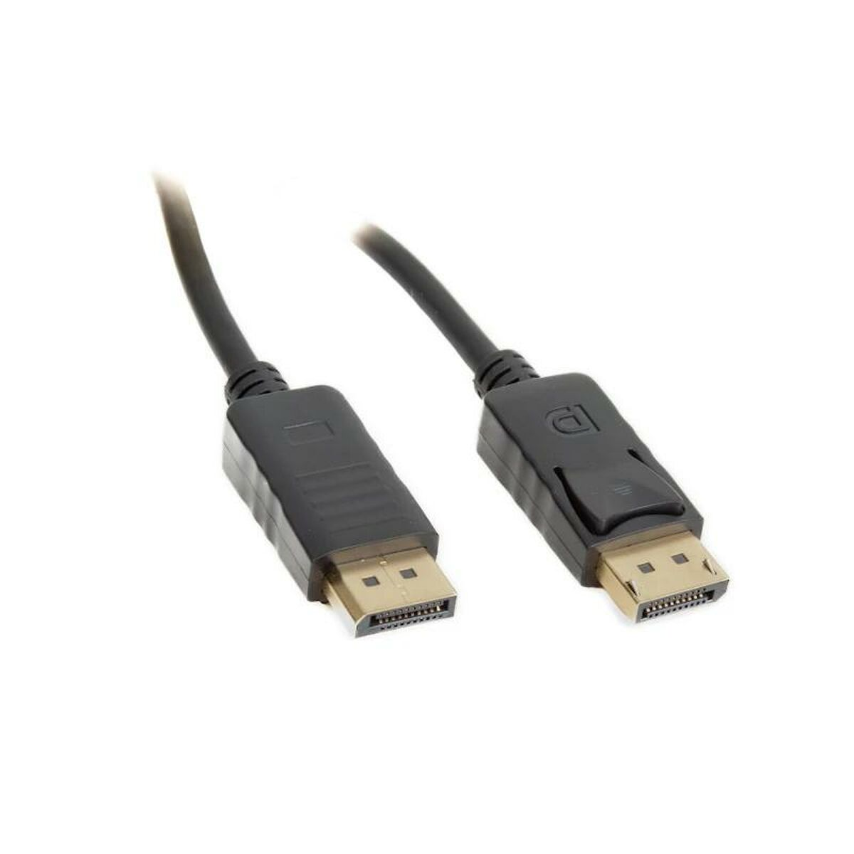 Twee zwarte DisplayPort-kabels naast elkaar op een witte achtergrond.