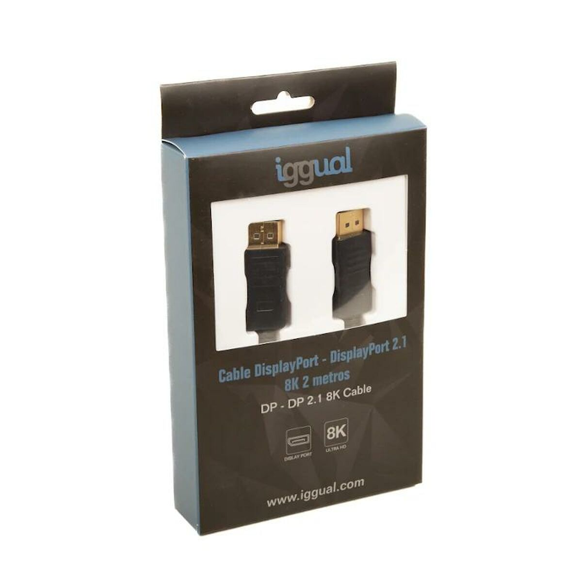 DisplayPort-kabelverpakking. De doos heeft een zwart en blauw ontwerp. Kabels zijn van binnen zichtbaar.