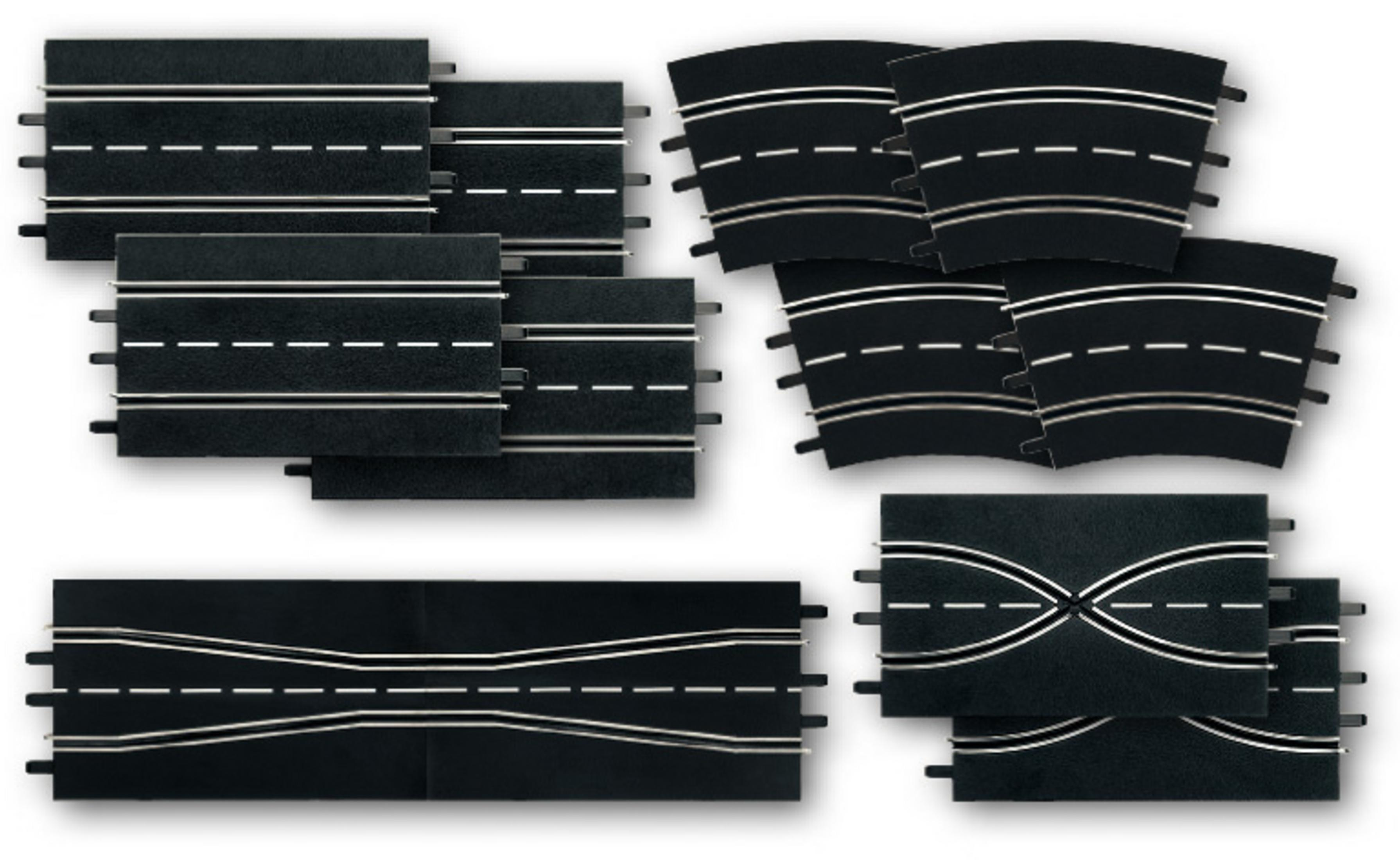 Schwarze Rennbahnteile. Verschiedene Formen und Größen für eine Rennstrecke.