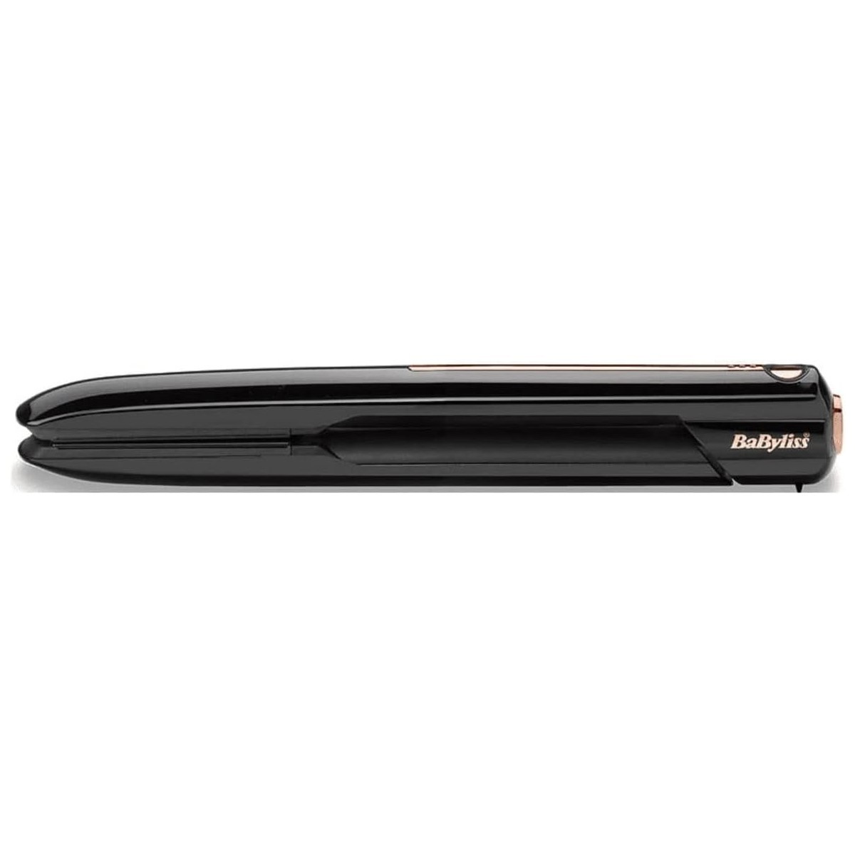 Ein schwarzer Haarglätter. Das Gerät ist geschlossen und trägt die Marke 'BaByliss'.