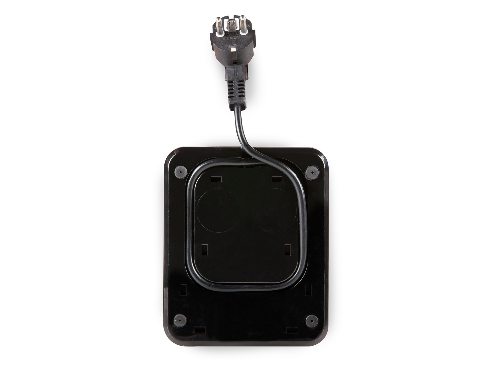 Czarna podstawa z wtyczką i kablem, na białym tle.