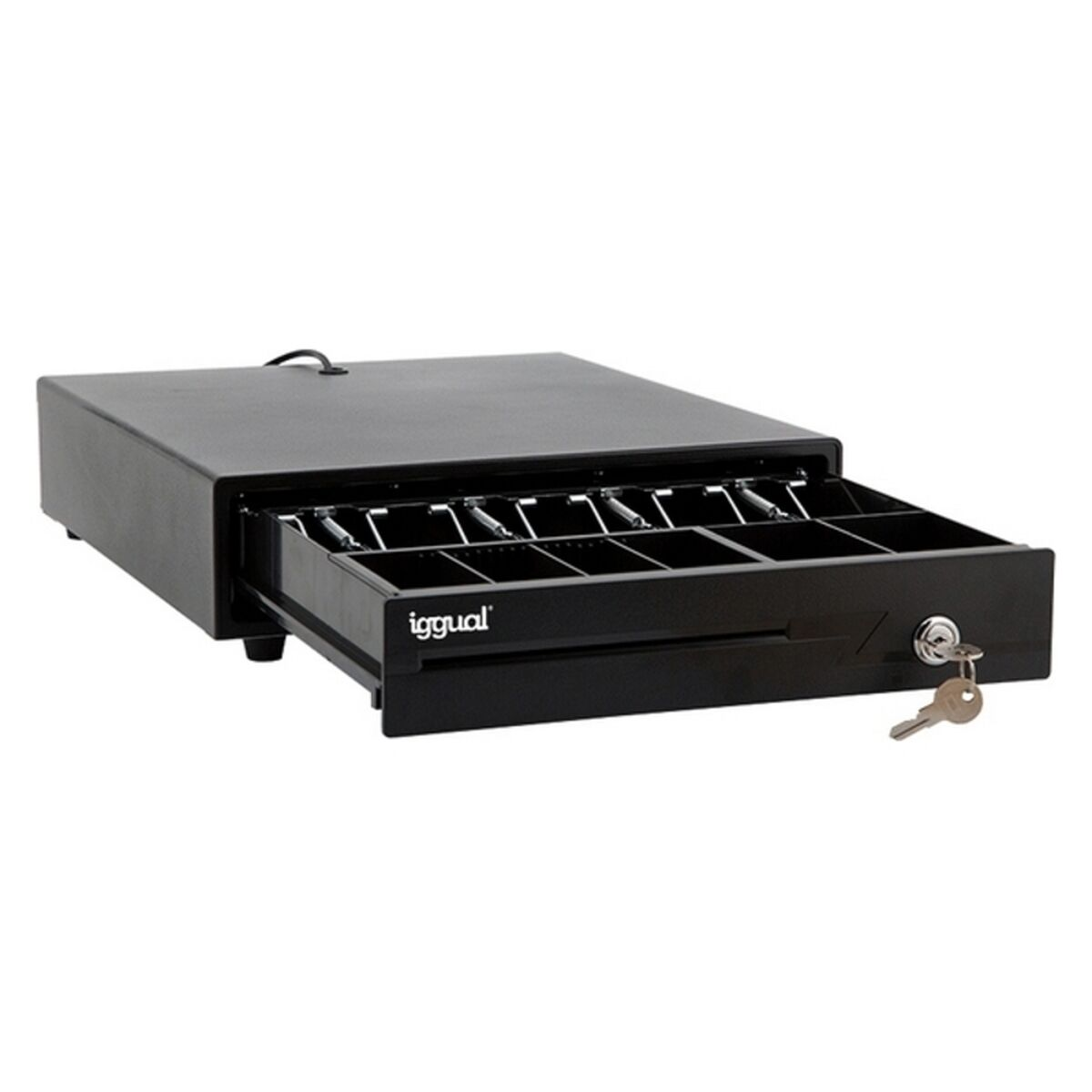 Cajón de caja registradora negro con compartimentos, marca 'igguai' visible.