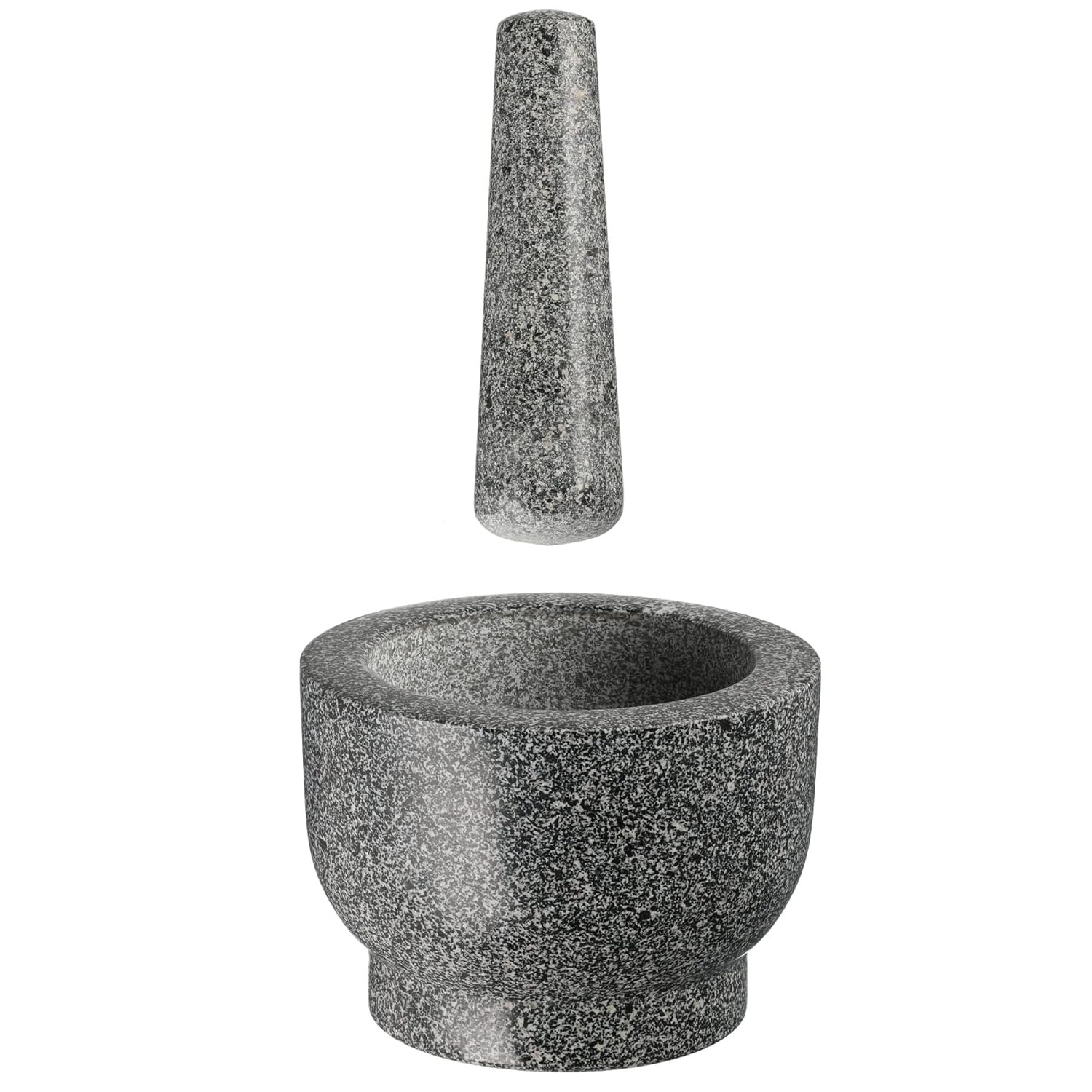 Ein Granit-Mörser und Stößel-Set, mit dem Stößel aufrecht und dem Mörser darunter.
