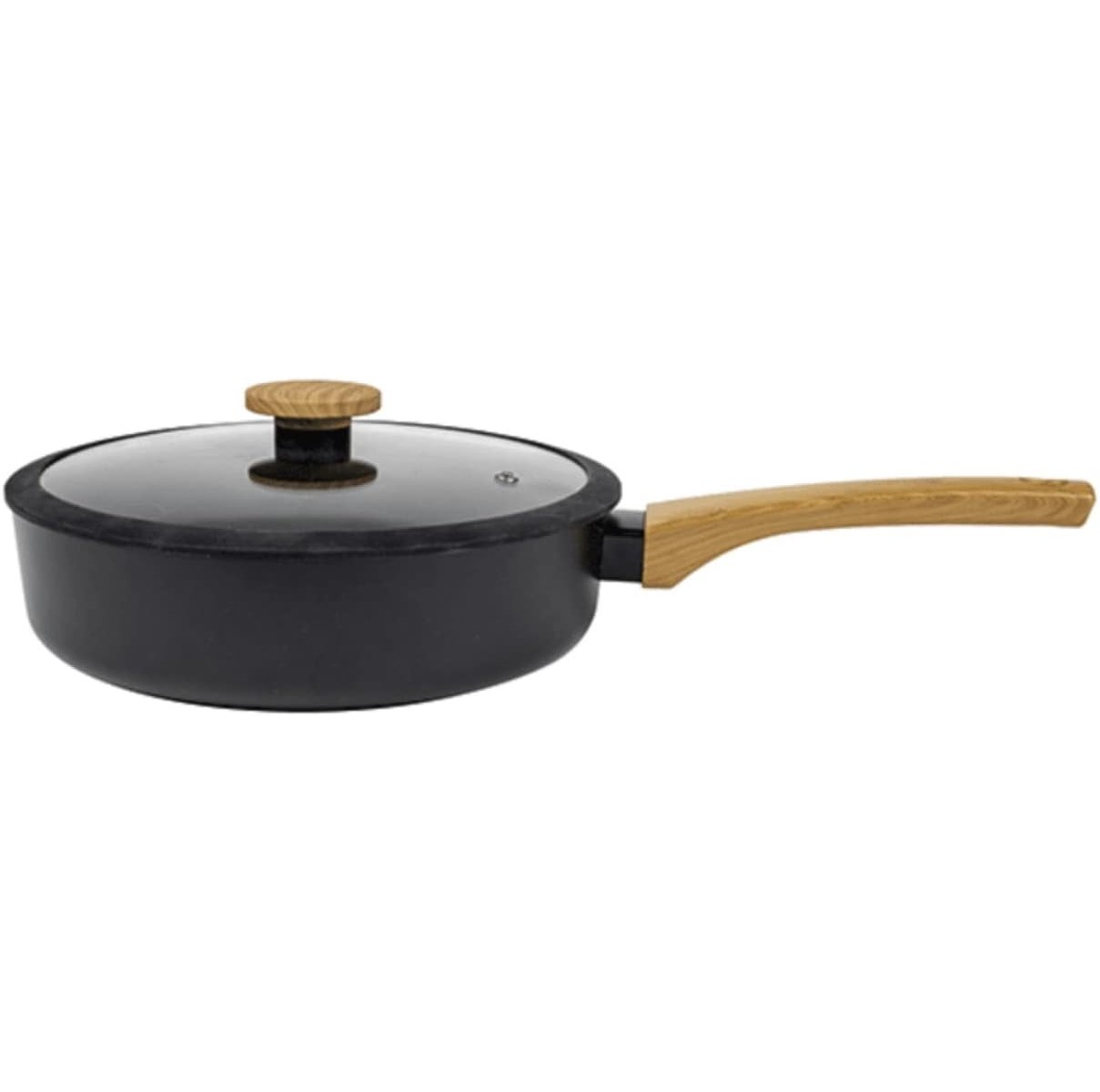 Schwarze Bratpfanne mit Glasdeckel und Holzgriff.