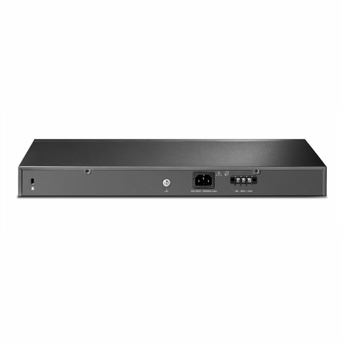 Schwarzer Netzwerk-Switch. Rückseite mit Eingängen und Stromanschlüssen. Beschriftungen und Markierungen sichtbar.