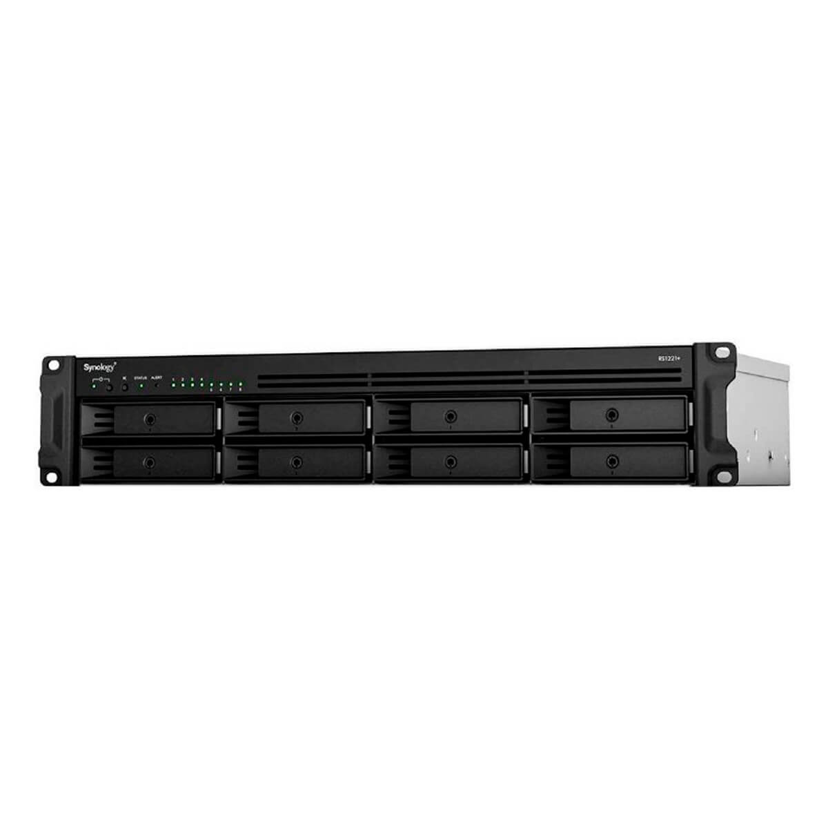Un serveur rack noir et argenté sur fond blanc.
