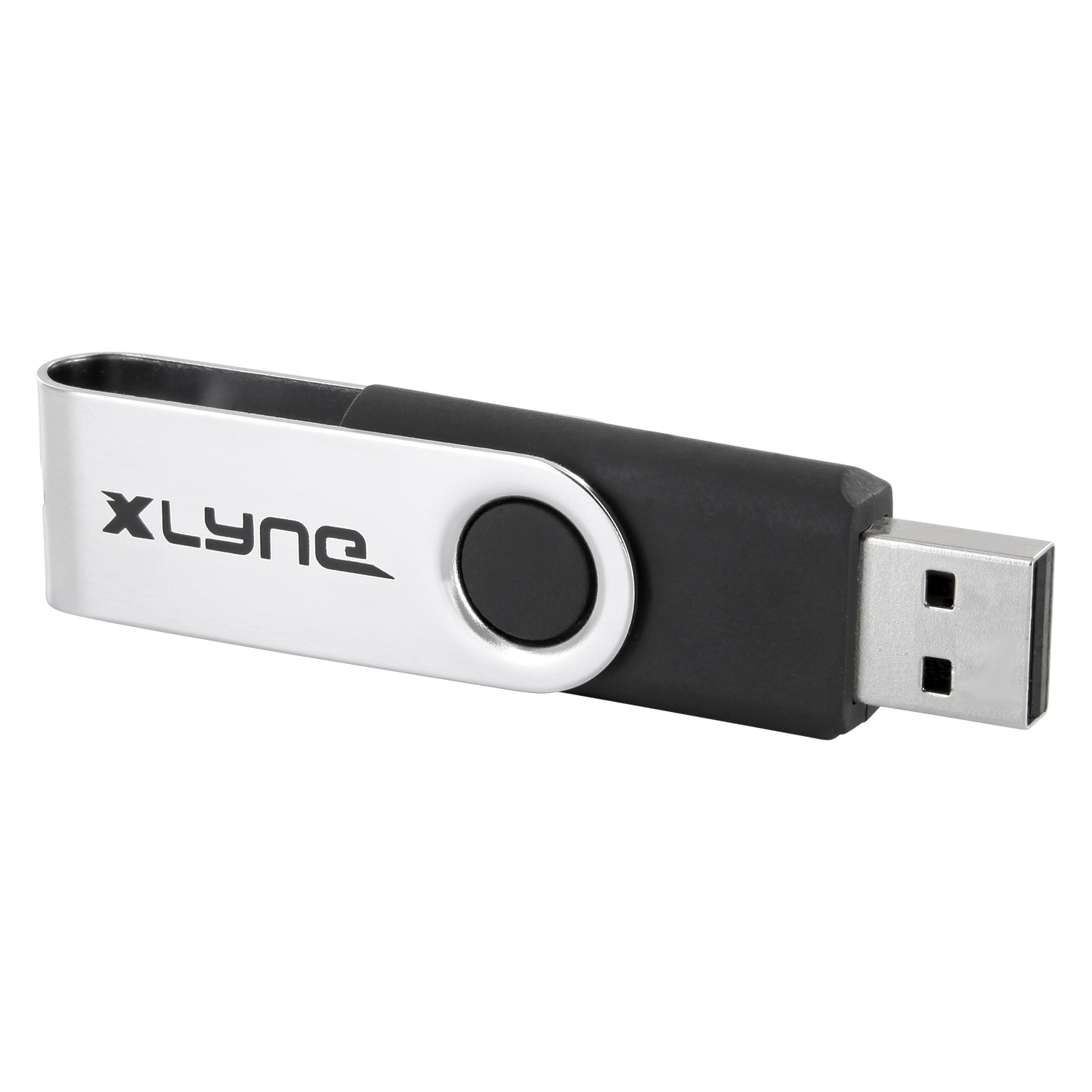 Srebrny i czarny dysk flash USB z marką XLync.
