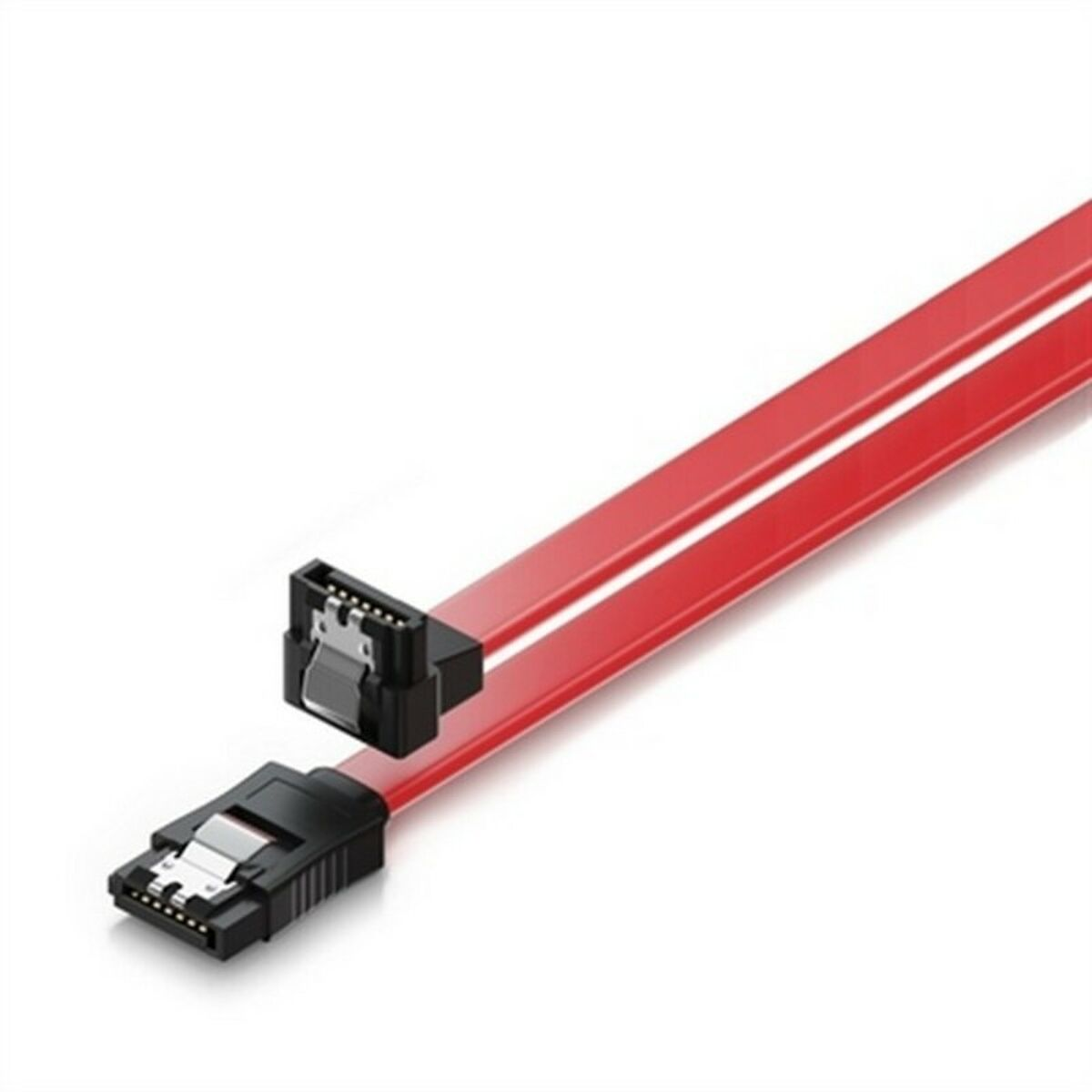 Cavo SATA rosso con connettori neri, isolato su sfondo bianco.