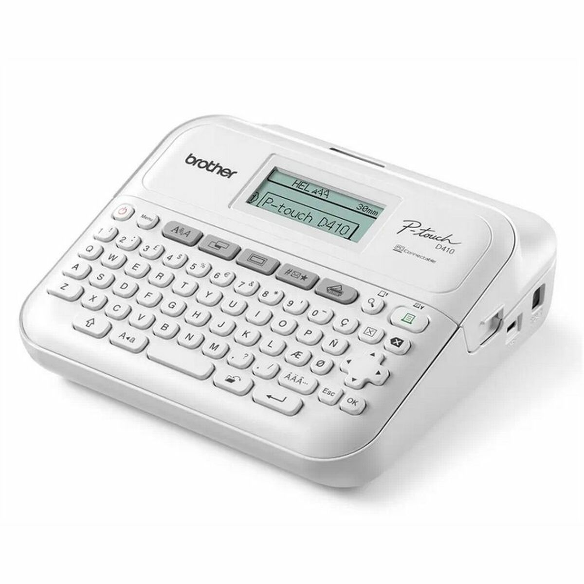 Étiqueteuse Brother P-touch D410 blanche avec clavier et écran.