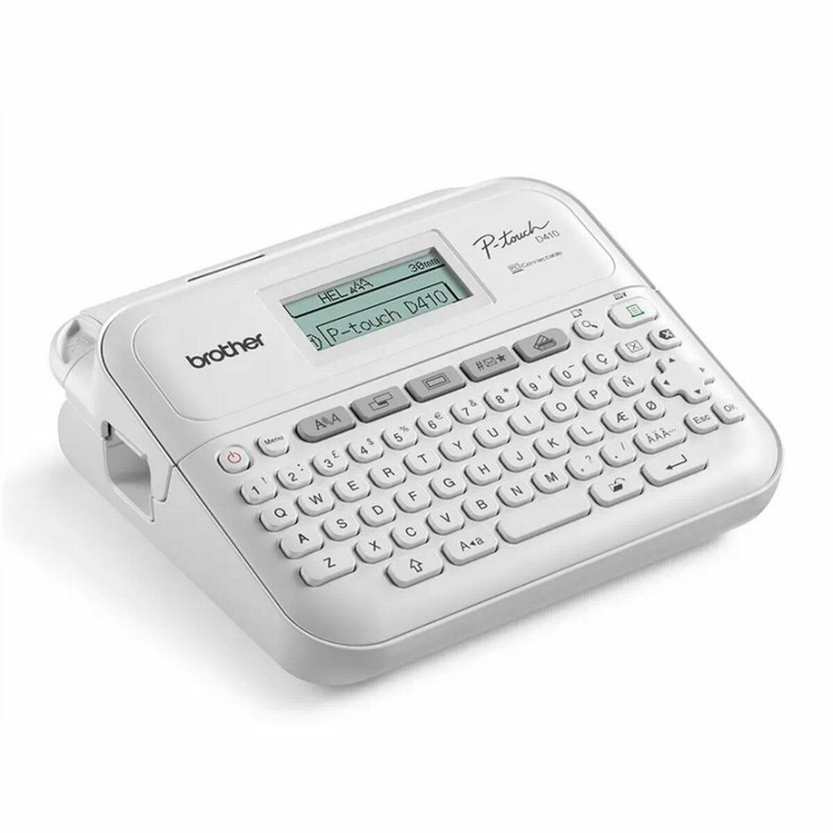 Étiqueteuse Brother P-touch blanche avec clavier et écran.