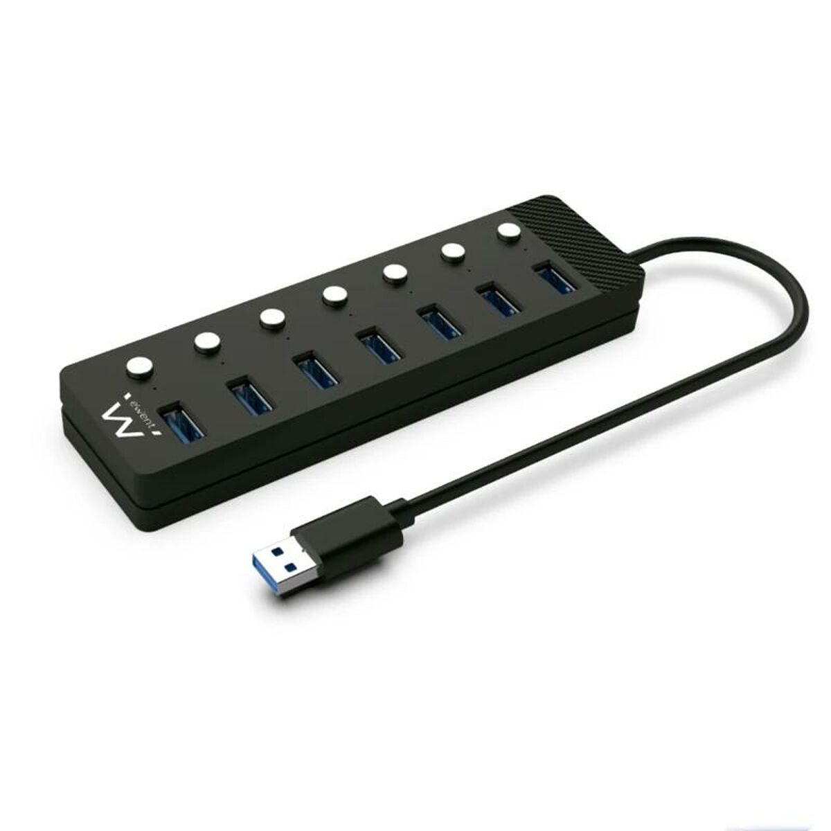 Hub USB nero con porte USB blu e cavo nero, su sfondo bianco.