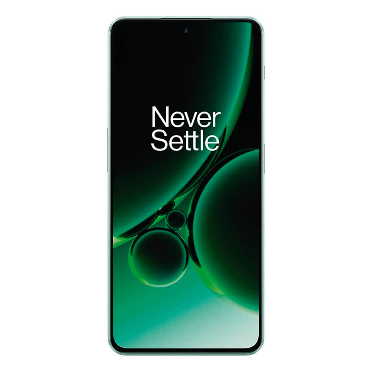 OnePlus-Telefon mit grünem und schwarzem Bildschirm mit der Aufschrift 'Never Settle'.