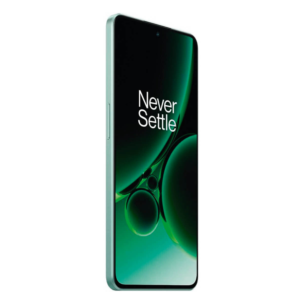 Grünes Smartphone, Seitenansicht, mit schwarzem Bildschirm und weißem Text 'Never Settle'.