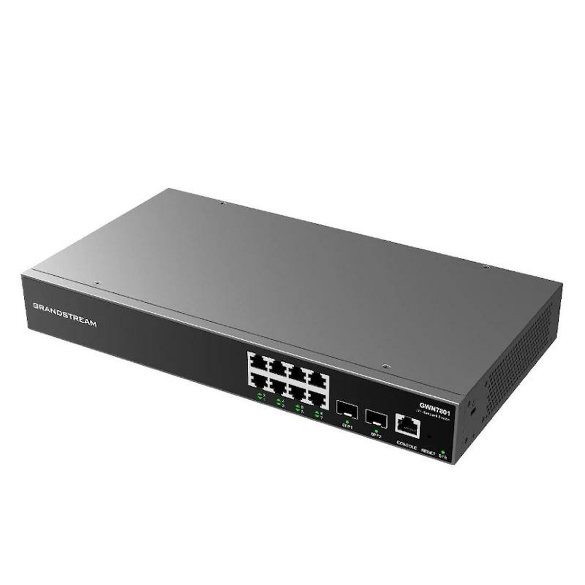 Een netwerkswitch met meerdere poorten, met het label GRANDSTREAM.